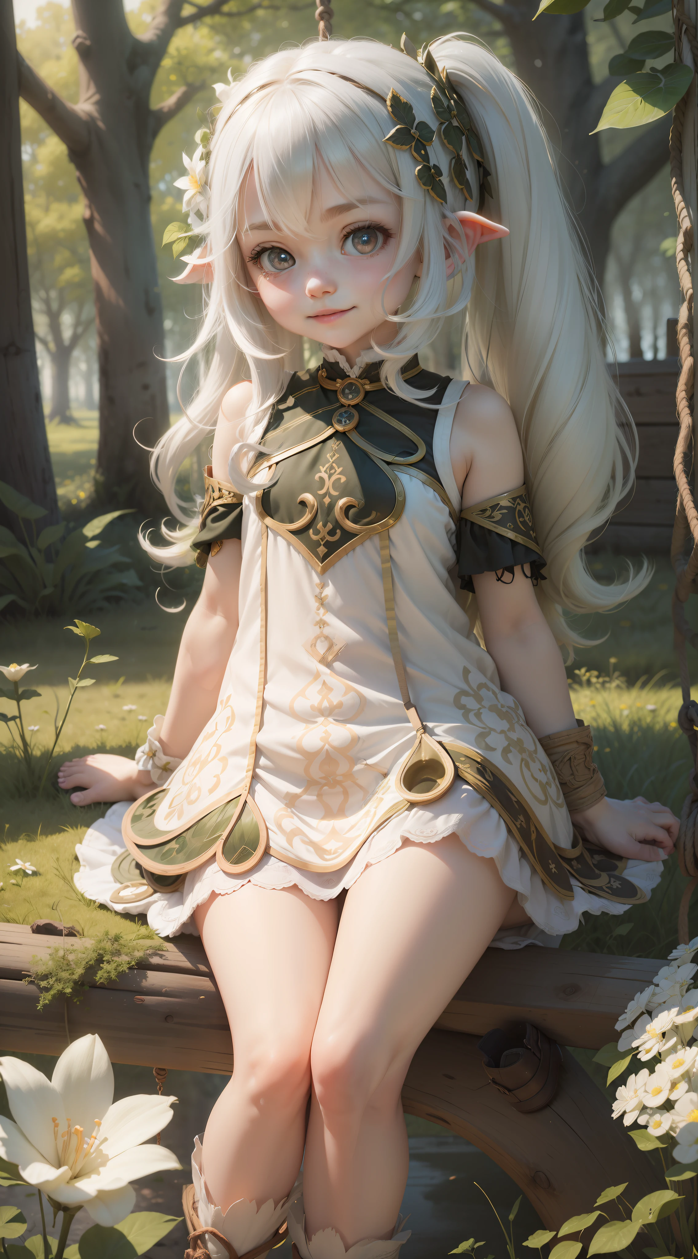 1 Girl, Lori, 3D, Small World, Cute, (Feet: 1.3), Naughty Face, Pale Skin, white_hair, Looking at the Audience, Sitting on a Swing, Meadow, Forest, Spring, Available Light, Full Body, Symbol Shaped Pupils, Happy Light Smile