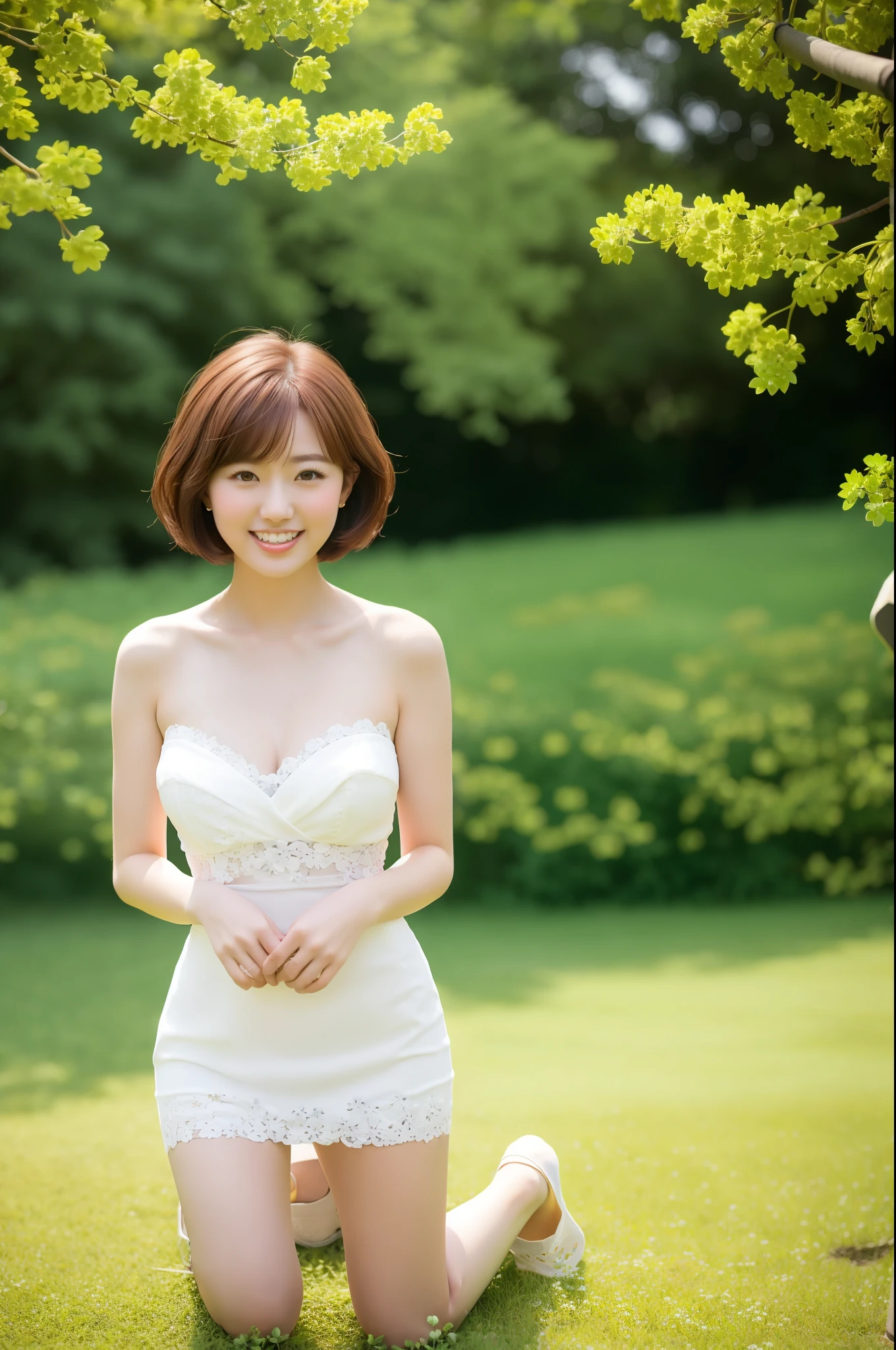 A japanese woman kneels in a park where white clover blooms all around, a forest can be seen in the background, mountains can be seen further back,elegant and intellectual, confident and generous,fresh, gentle, exquisite and beautiful face, exquisite collarbone, seductive and delicate collarbone, charming fragrant shoulders, shoulders slightly exposed,  in a strapless white bikini, short skirt, pretty face, peach Red lips, tender and smooth skin,white skin,bob hair, short hair,smile with teeth, white teeth,very realistic details,  ultra-high resolution,bokeh,outstanding details, 8K