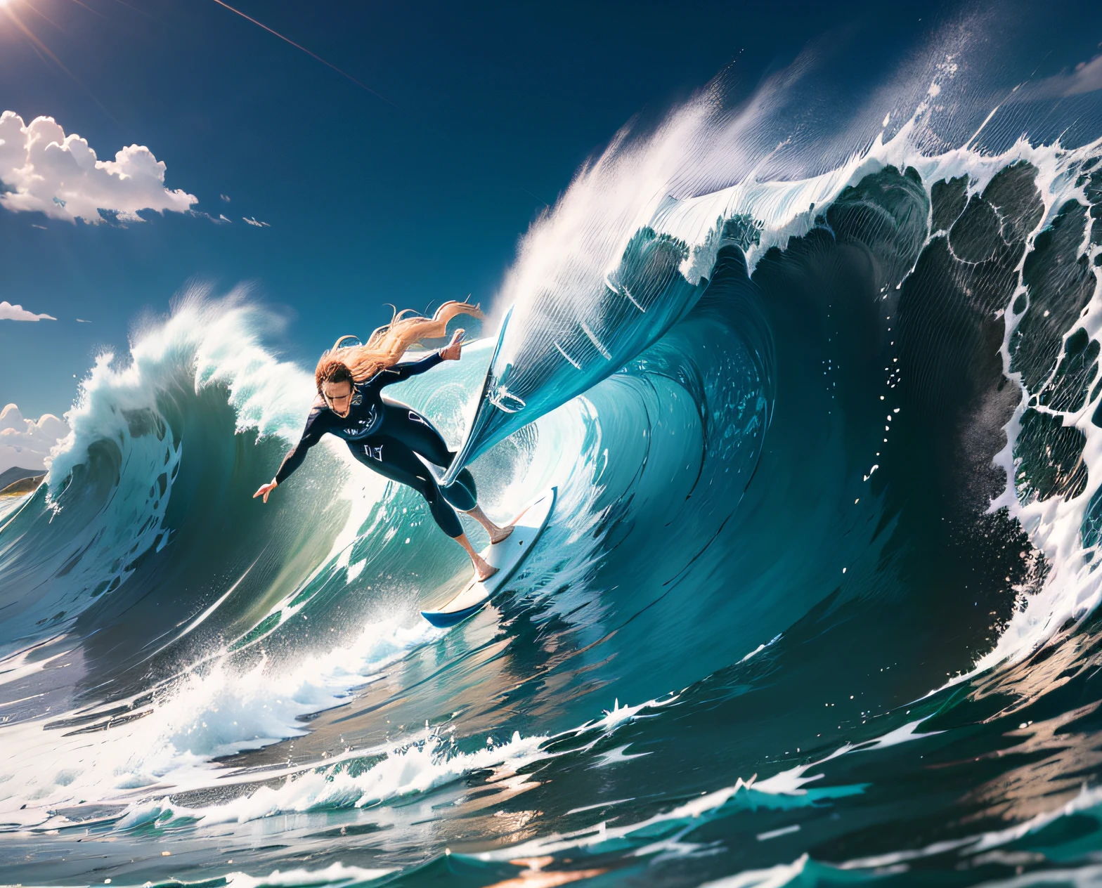 Riding the perfect wave, a surfer gracefully glides across the water's surface, their body positioned elegantly, creating a beautiful arc as they navigate the curling blue wave, capturing the exhilaration and freedom of the moment, Photography, using a wide-angle lens (24mm), --ar 16:9 --v 5