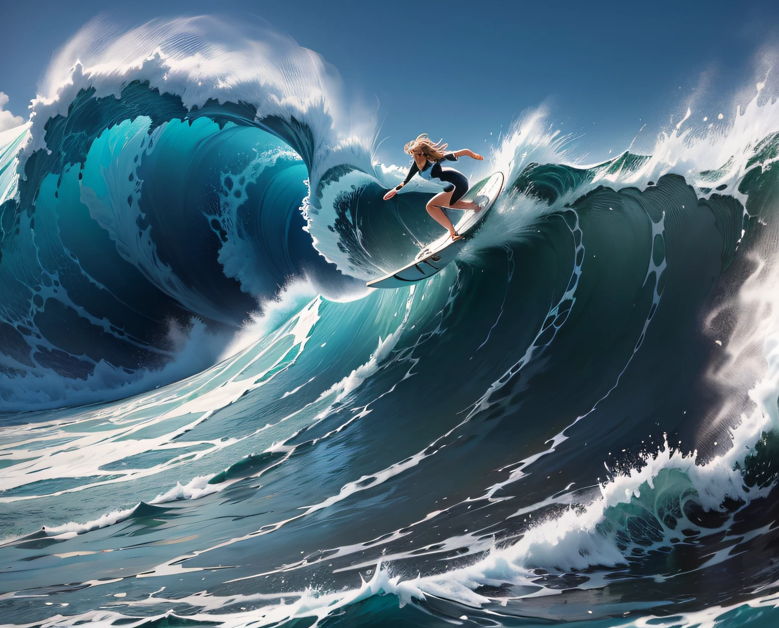 Riding the perfect wave, a surfer gracefully glides across the water's surface, their body positioned elegantly, creating a beautiful arc as they navigate the curling blue wave, capturing the exhilaration and freedom of the moment, Photography, using a wide-angle lens (24mm), --ar 16:9 --v 5