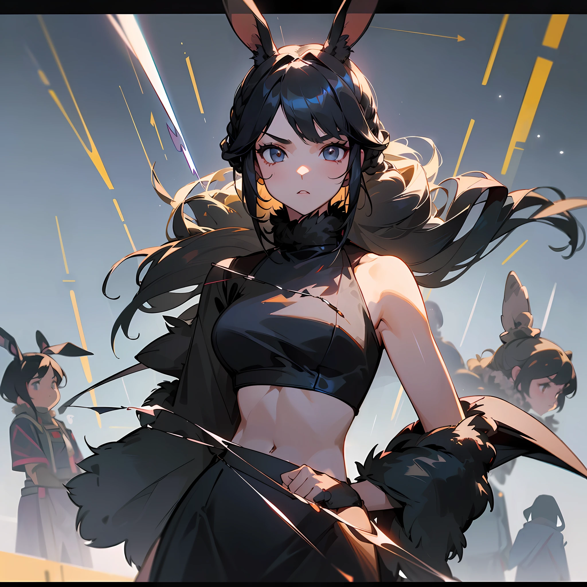 ((Cinematic Light: 1.2), (Girls: 1.2, Crop Top: 0.9, Rabbit Fur Pants: , Falcon Hairstyle) (Black Dress), (Black Hair, Hook), (Anatomically Correct: 0.9), Focused Eyes, Arc Targeting and arrow)