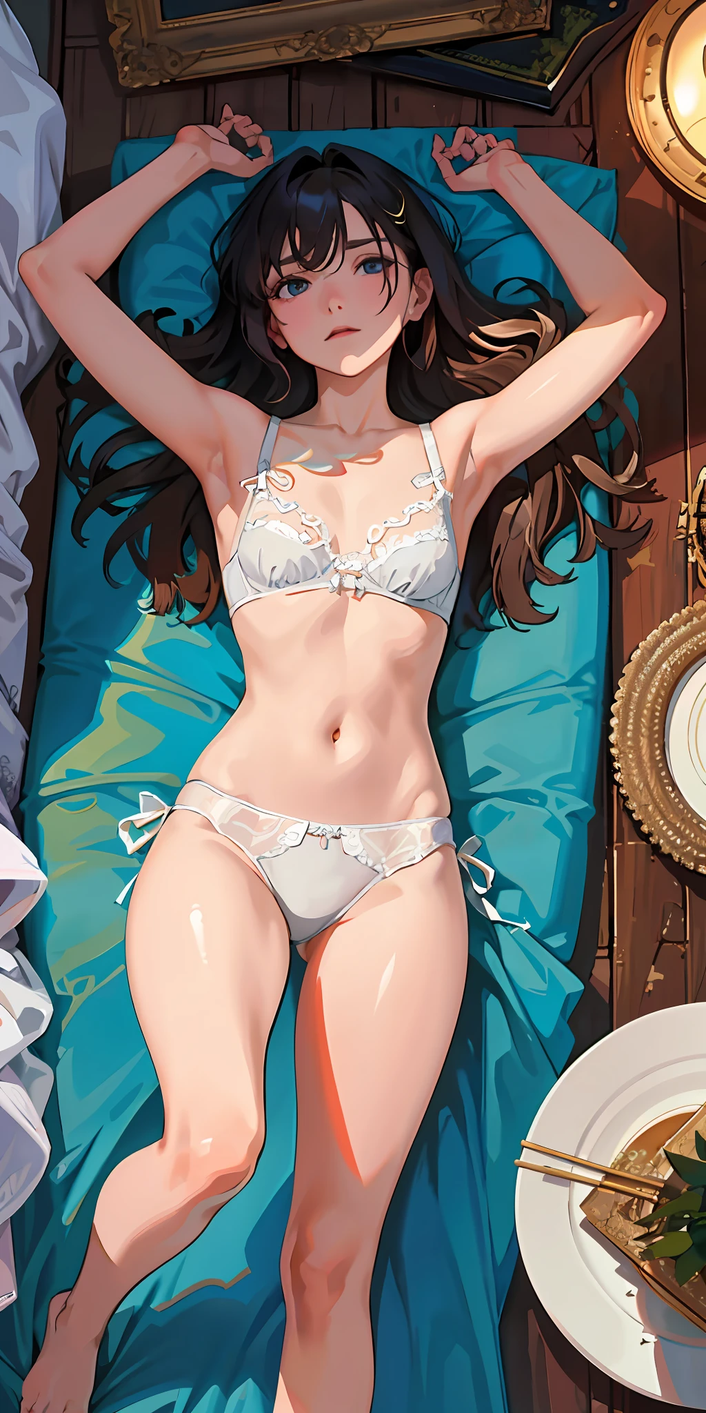 masterpiece, top quality, high resolution, solo, small, indoor, see-through, misaligned bra, side tie t-back, lying down, from above, open arms, anger, bed, disheveled underwear, rough breath, sexual expression