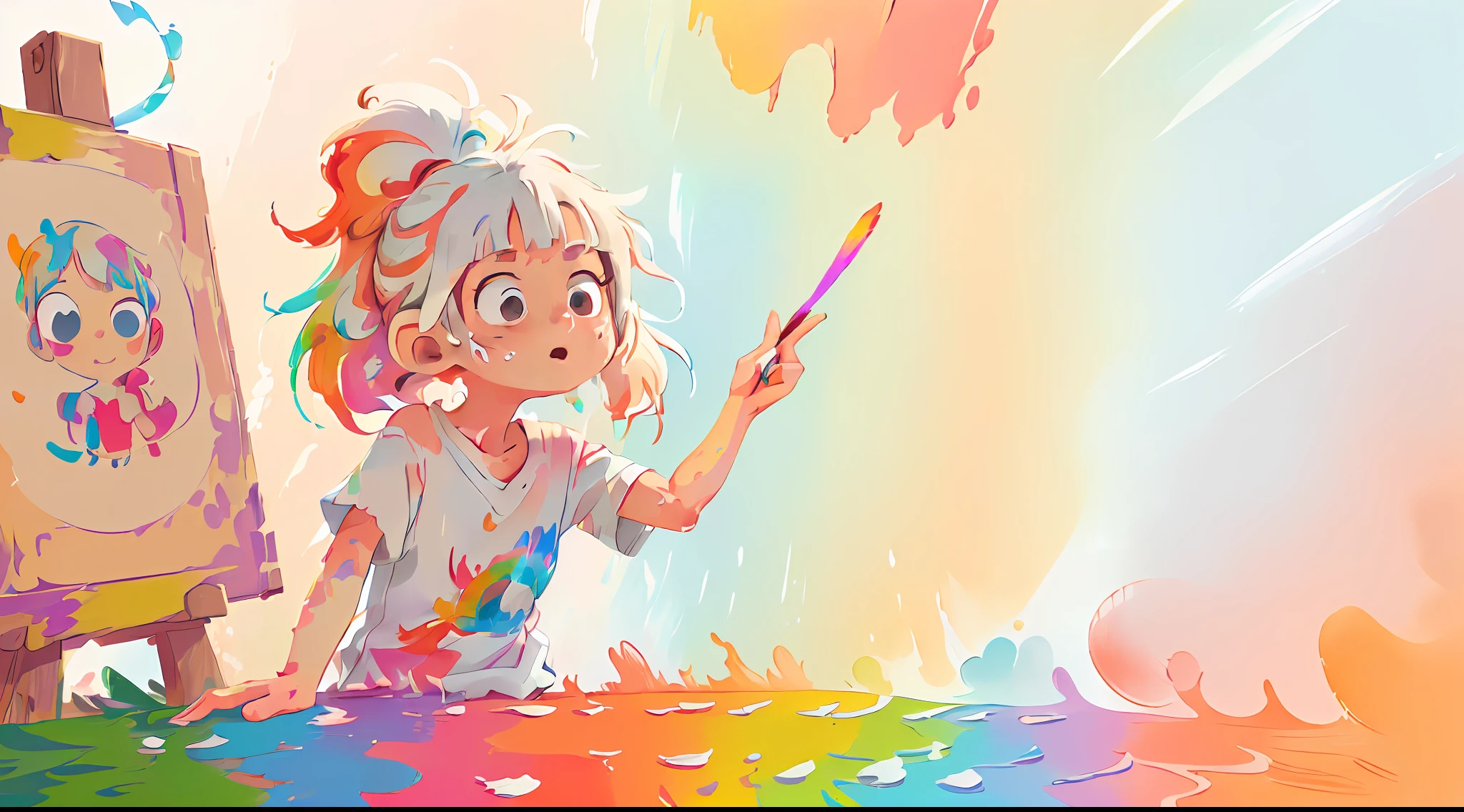 (Pink Fashion T-shirt:1.9),(Colorful hair: 1.8), (all the colours of the rainbow: 1.8),(((((vertical painting:1.6))), (painting:1.6),front, comics, illustrations, paintings, large eyes, crystal clear eyes,( rainbow color gradient high ponytail:1.7), exquisite makeup, closed mouth,(Small Fresh: 1.5),(Wipe Chest: 1.6) ,long eyelashes, white off shoulder T-shirt, White Shoulder Shirt,looking at the audience, large watery eyes, (rainbow colored hair:1.6), color splash, (solo:1.8), color splash, color explosion, thick paint style, messy lines, ((shining)),(colorful), (colorful), (colorful), colorful, Thick Paint Style, (Splash) (Color Splash), Vertical Painting, Upper Body, Paint Splash, Acrylic Pigment, Gradient, Paint, Highest Image Quality, Highest Quality, Masterpiece, Solo, Depth of Field, Face Paint, colorful clothes, (Elegant: 1.2), gorgeous,long hair, wind, (Elegant: 1.3), (Petals: 1.4),(((masterpiece))),(((best quality))),((ultra-detailed)),(illustration),(dynamic angle),((floating)),(paint),((disheveled hair)),(solo),(1girl) , (((detailed anima face))),((beautiful detailed face)),collar,bare shoulders,white hair, ((colorful hair)),((streaked hair)),beautiful detailed eyes,(Gradient color eyes),(((colorful eyes))),(((colorful background))),(((high saturation))),(((surrounded by colorful splashes))),