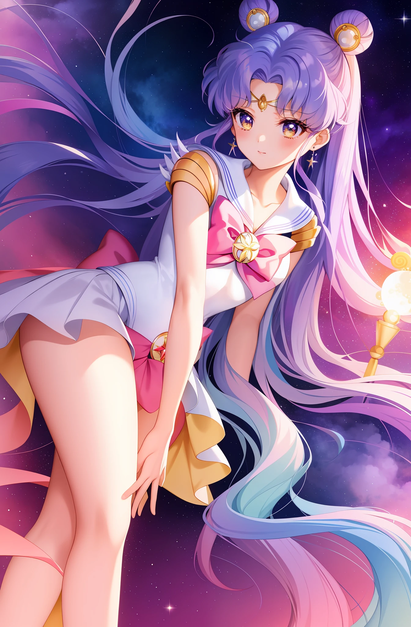 A visually stunning illustration inspired by the Sailor Moon movie, by Emily Nguyen, Anime Expo featured artist, magical girl transformation, celestial background, intricate details, vibrant colors, iconic poses, dynamic composition, mystical creatures, romantic subplot, emotional climax, fan art
