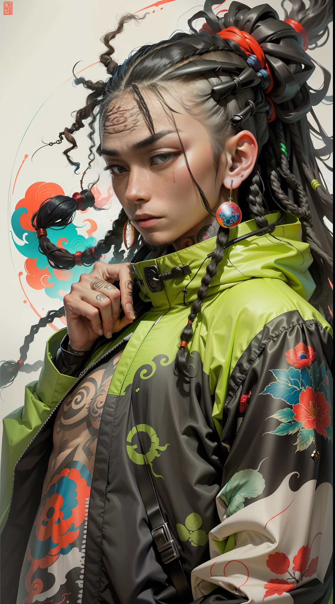 wuxia,1rapper with tattoos,dread hair,puffer jacket,super colorful,luminous colorization,illustration