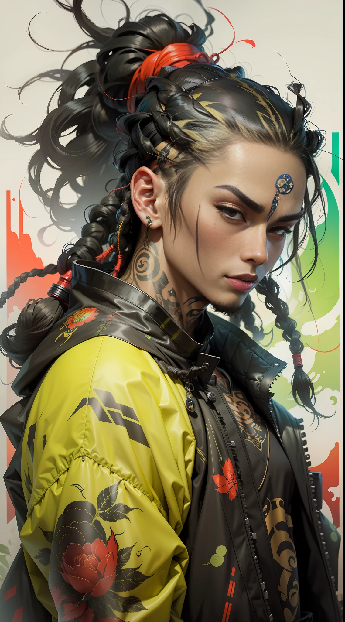 wuxia,1rapper with tattoos,dread hair,puffer jacket,super colorful,luminous colorization,illustration