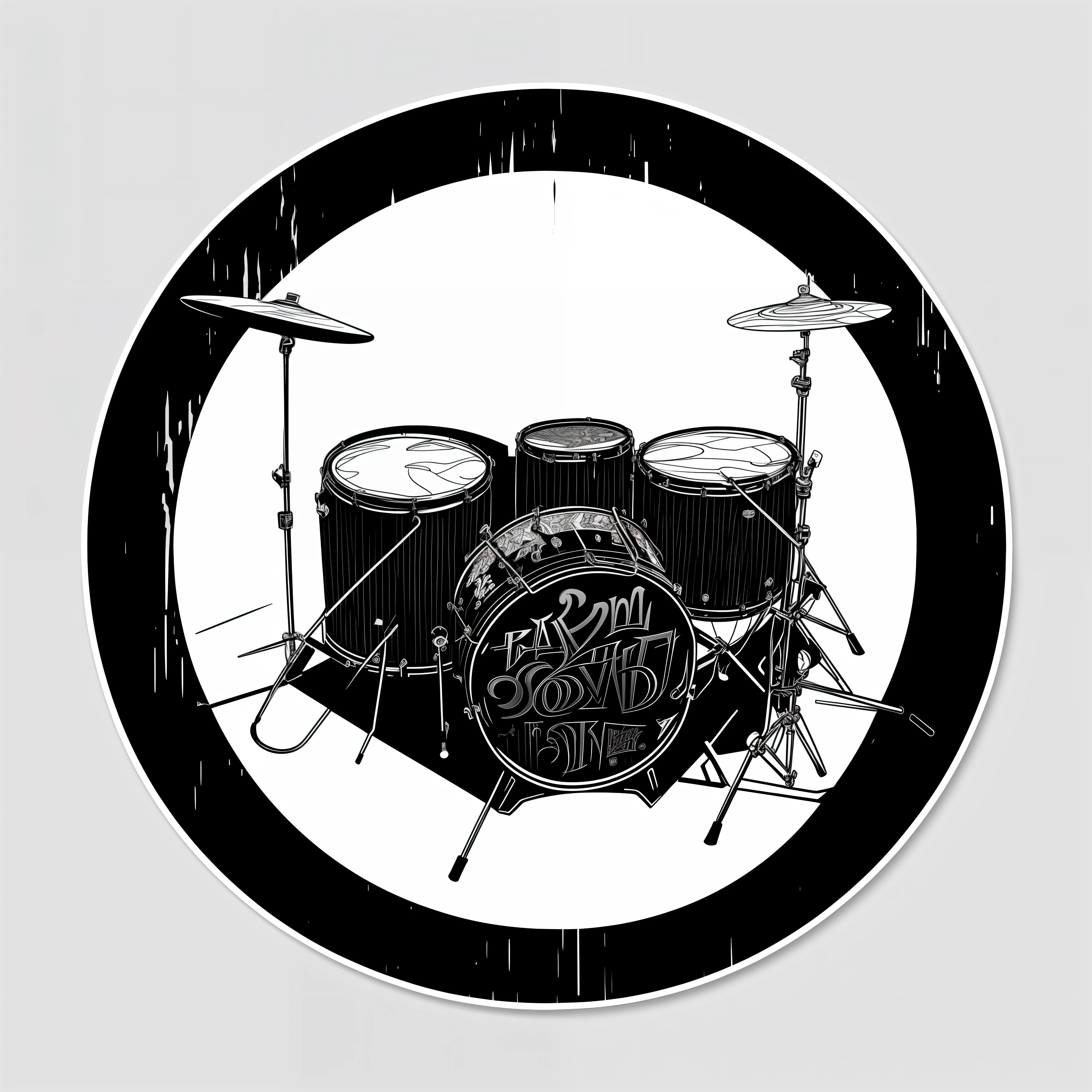 Create a vintage logo with a fusion of hip hop style and 2D sticker, in black and white, with the appearance of a pencil sketch, positioned on a white background. The logo should feature a circle containing a drum kit, musical instrument, in the center. Look to convey a classic, nostalgic feel while incorporating vibrant hip hop-style elements and 2D stickers. Use detailed lines and light strokes to create the pencil sketch, adding iconic hip hop elements such as chains, caps, or subtle graffiti around the drums. Also, add graphic details similar to 2D stickers, such as rounded edges, striking outlines, and contrasting colors. Keep the color palette black and white, ensuring that the drum design and hip hop elements stand out. Add subtle textures and shading to give depth and authenticity to the logo.