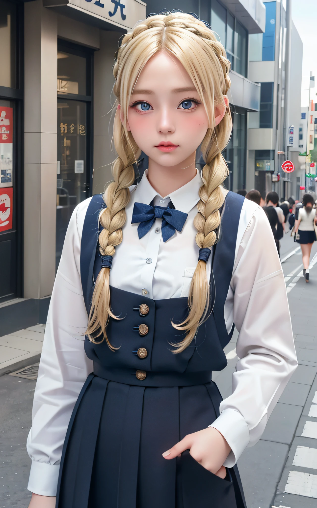(beautiful blonde, dark blue and beautiful eyes, small, 18 years old, thin waist, pigtails, thick braids), background is Shibuya, uniform, street snap, (masterpiece), ((highest quality)), (super detailed), girl, clean and detailed face, five fingers, textile shading, perfect human body structure, perfect anatomy,