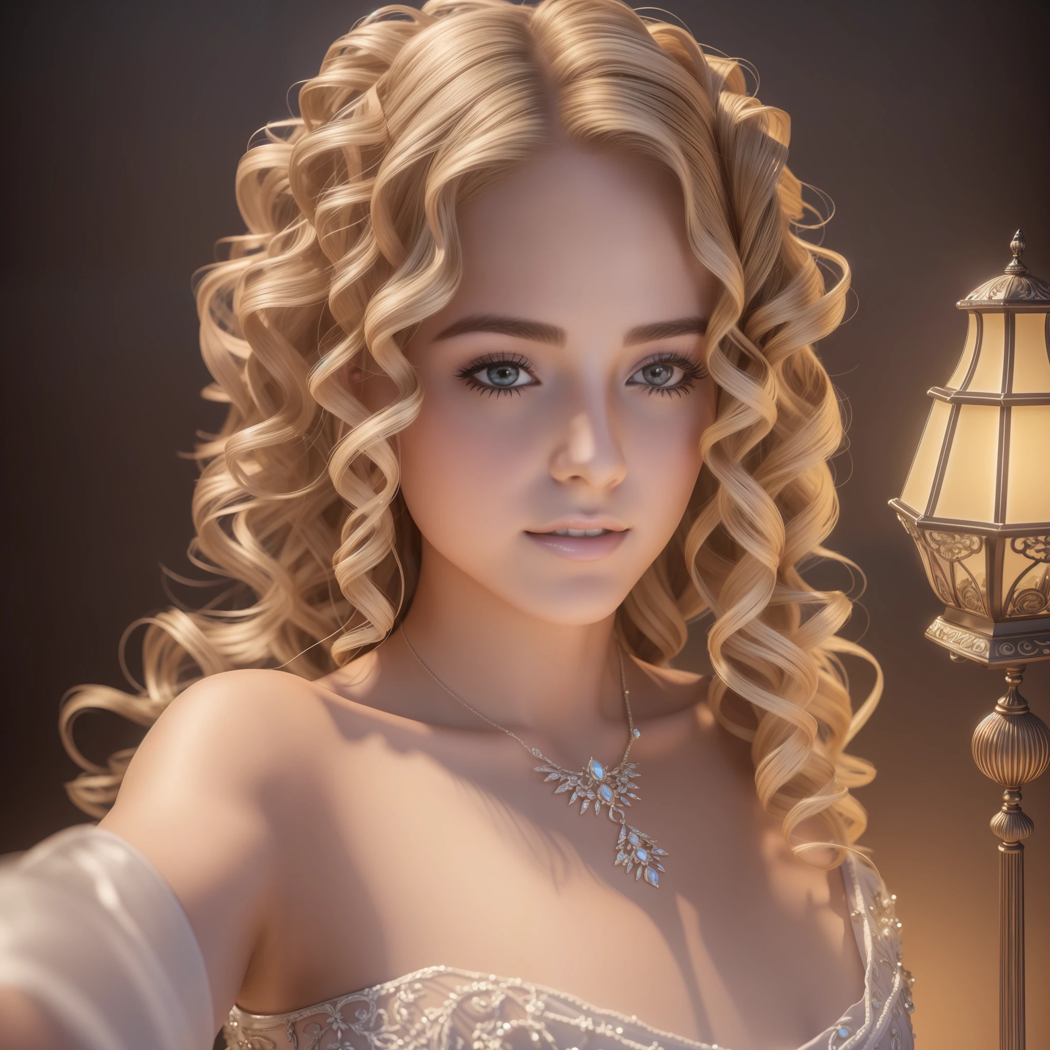 1 woman ((upper body selfie, happy)), best quality, masterpiece, high resolution,ultra-detailed,porcelain dress,hair ornament,necklace,jewelry,beautiful face,blonde curly hair,on top of body,tyndall effect,photorealistic, dark studio,rim lighting,two-tone lighting,(highly detailed skin:1.2),8k uhd, Dslr, soft lighting, high quality, volumetric lighting, sincere, photography, high resolution, 4k, 8k. --auto --s2