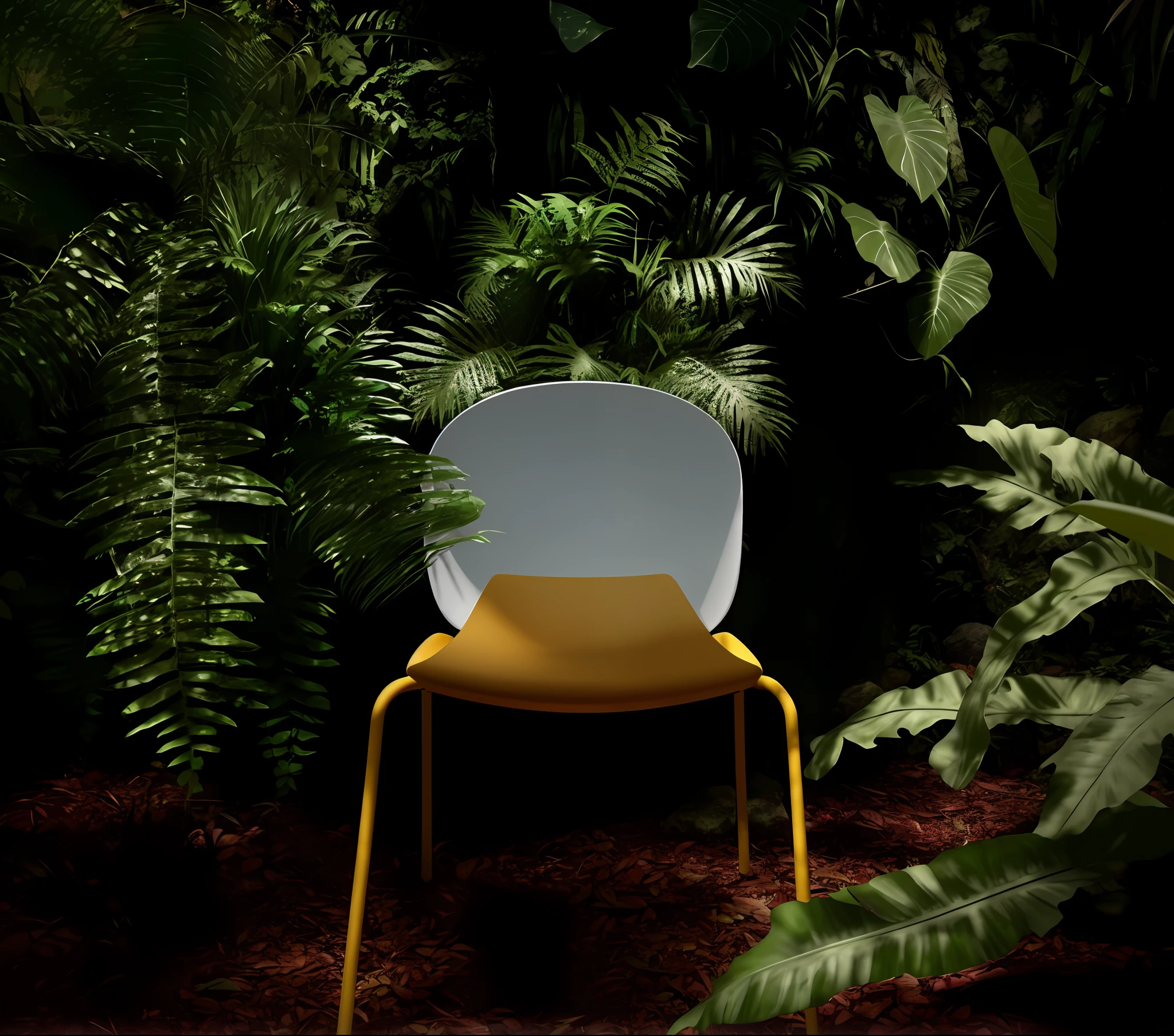 There is a yellow chair sitting in the middle of the forest, in a jungle environment, placed in a dense forest, biophilic mood, avocado chair, in a tropical forest, behind a round minimalism, avocado chair, outdoor tonal, avocado chair, sitting in a colorful forest, next to plants, jungle environment, frog chair, extreme light and shadow, extreme texture, hyperrealistic style, realistic style, real texture, real light and shadow, real rainforest, hyper-realistic, hyper-realistic rainforest, Intense light and shadow, intense sunlight, intense halo, glare