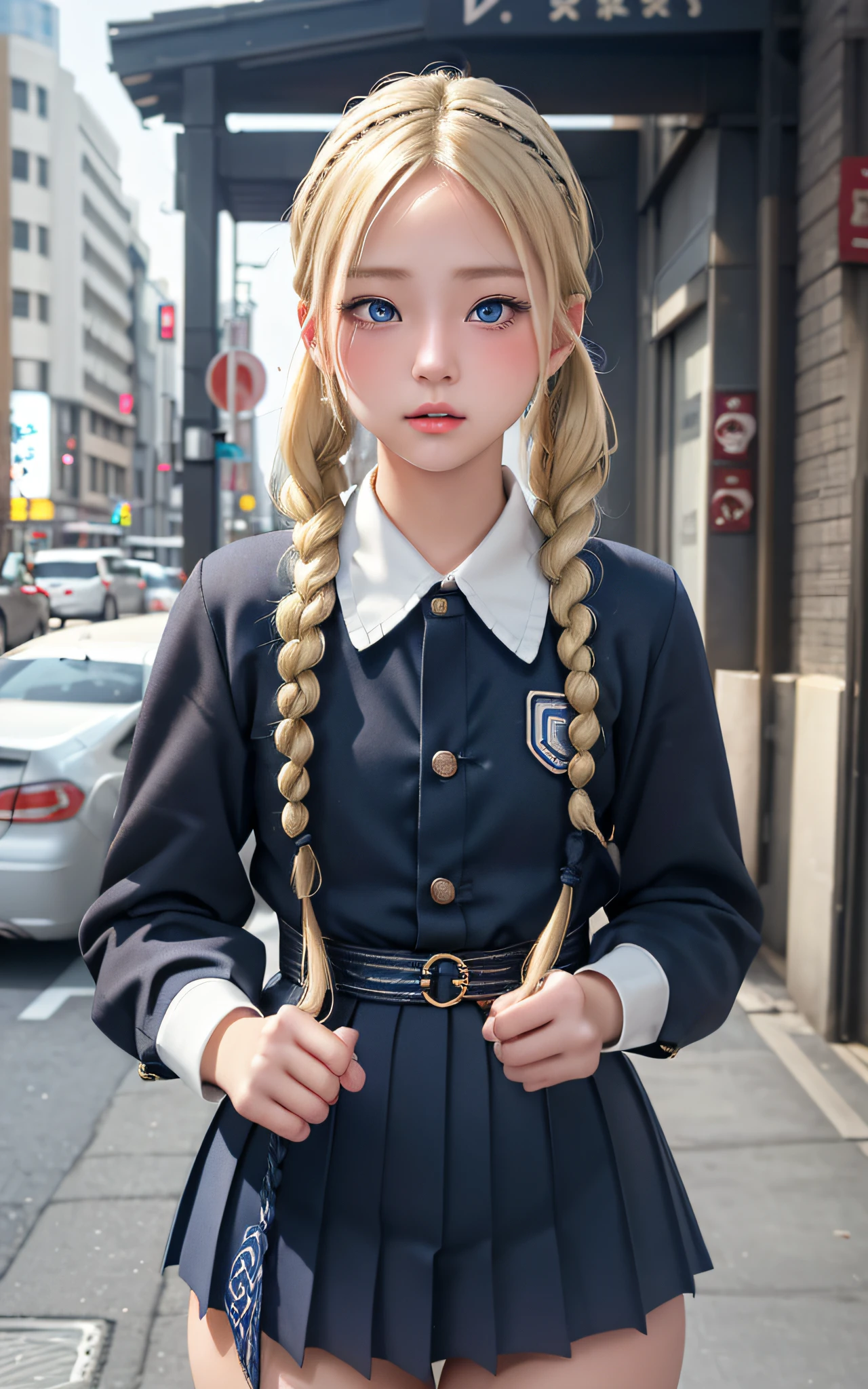 (beautiful blonde, dark blue and beautiful eyes, small, 18 years old, thin waist, pigtails, thick braids), background is Shibuya, uniform, street snap, (masterpiece), ((highest quality)), (super detailed), girl, clean and detailed face, five fingers, textile shading, perfect human body structure, perfect anatomy,