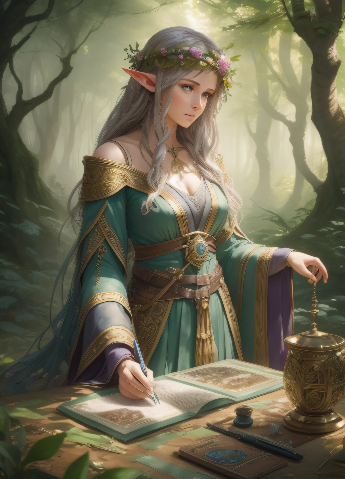 beautiful elf rpg character standing in the forest, light hair, line art watercolor wash, very lit forest background, abstract beauty, approaching perfection, pure form, golden ratio, concept art, by Brian Froud and Carne Griffiths and Wadim Kashin and John William Waterhouse, intricate details, 8k post production, high resolution, hyperdetailed, trending on artstation, sharp focus, studio photo, intricate details, highly detailed, by greg rutkowski