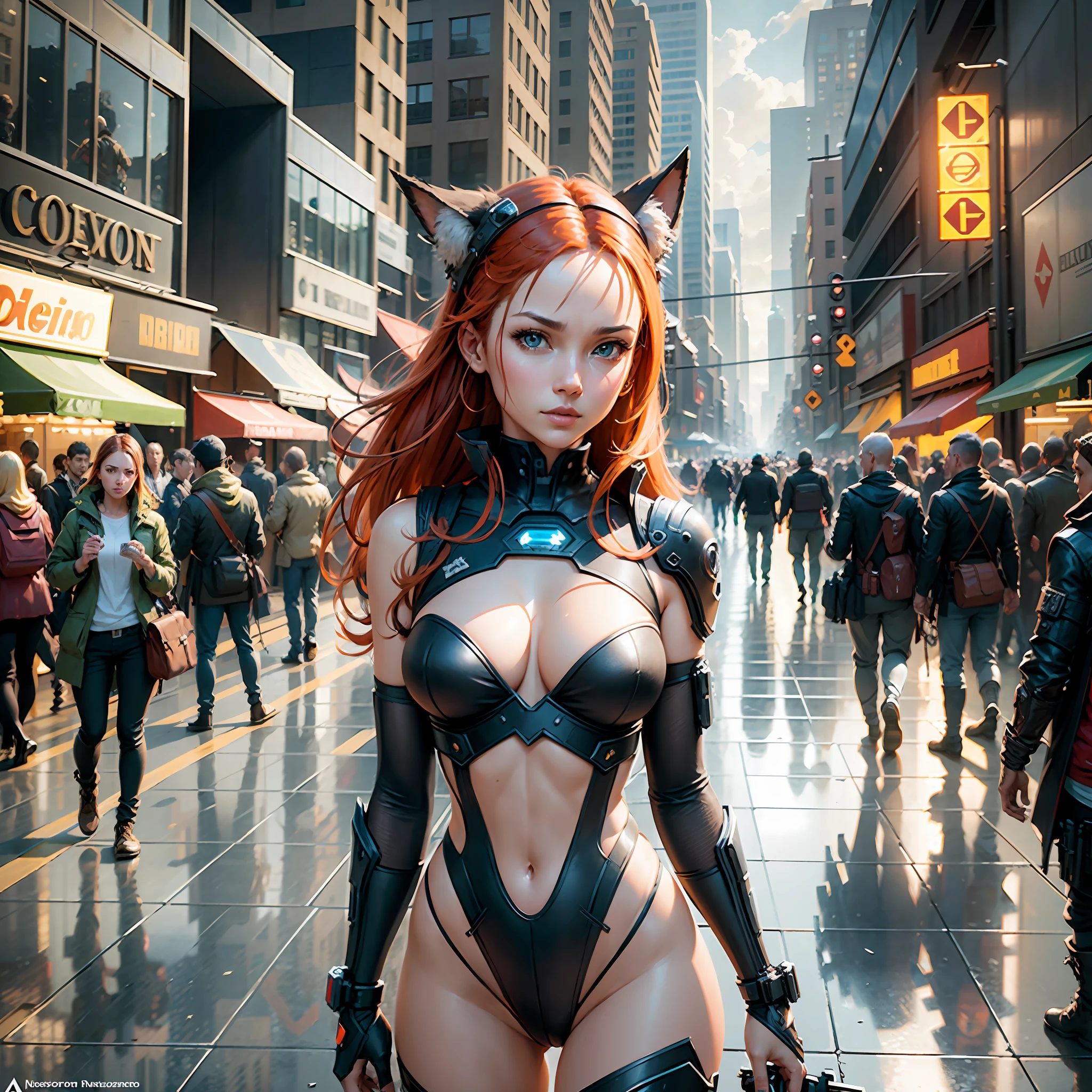 cyberpunk ginger vixen at central plaza of post apocalyptic city, Light field photography, wide angle lens f/2.8, ultra insane high resolution intricate textures, texture indentation, 32k raw professional photo, perfect perspective, perfect geometry, ultra insane ambient lighting, ultra insane ambient shadows, luminism, ultra intricate, detailed ultra busy background, bouncing lighting, tessellation, maximalism, IPA Award wining masterpiece, art by Afremov, Kashin, Aenami, Jeremy Mann, warm positive professional photo, IPA awards winner, haselbland awards winner, a  ultra detailed ultra busy modern city main street, street market, very warm pink-orange colors, octane render, global illumination, intricate details, insane details, 23mm lens, sharp focus, art by Nicolas Poussin, perfect weights, perfect shadows, perfect geometry, perfect lighting, perfect textures, perfect shapes, perfect detail, intensive details, perfect post processing, perfect weights, every part of picture is perfectly detailed and sharp, perfect composition, sharp detailed background, very detailed world, busy image, ultra professional CGI, global illumination, whole picture is detailed and focused, perfect perspective, perfect light reflections, RTX, perfect ambient occlusion, perfect vfx, digital blending, luminosity masks, HDR post-processing, perfect objects positioning, professional VFX, ultra quality, 32k resolution, all objects perfect shape, all object as in real world, cinematic , spectacular, crowded , perfectly tunned, settings from Alchemy, photo by Steve McCurry insane detail, hypewrdetailed, intricate details, world indentation. intricate perfection, intricate best geometry, best volumetric effects, best possible quality, art by Wadim Kashin, art by greg rutkowski, art by Albert Bierstadt, luminism, art by Ilya Repin, hyper ultra deep ultra intricate stage, perfect geometry, perfect perspective, perfect shapes, ultra