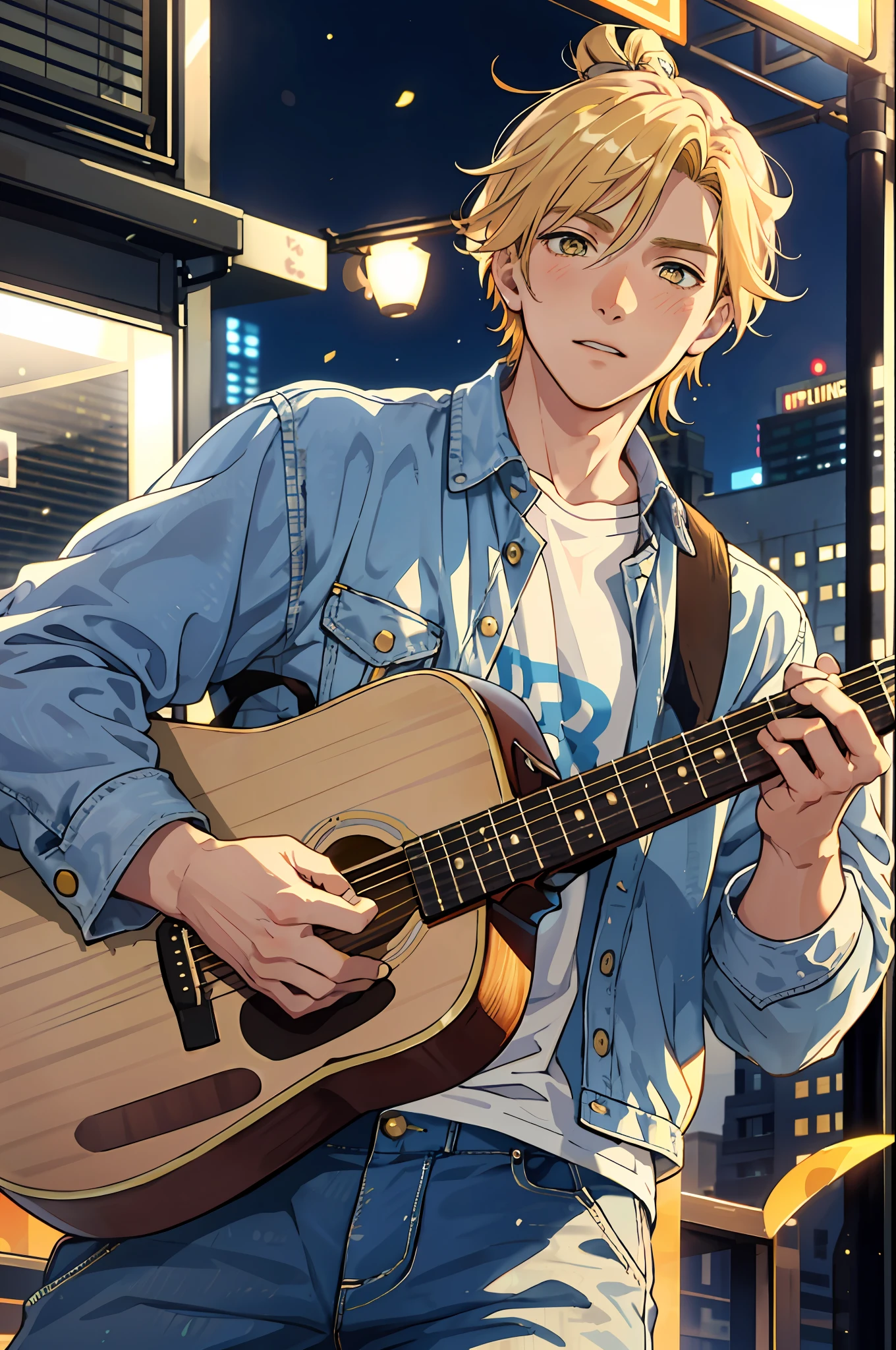 masterpiece, best quality, 1 male, adult, golden blonde hair, musician, soft features, playful expression, yellow eyes, soft eyes, ((short hair)), ((man bun)), uhd, perfectly photorealistic, ((modern)), ((modern clothing)), city background, (playing guitar), city background, soft boy, long jeans, cozy, pretty boy, (loose clothing), soft expression, soft lighting, upper body focus, detailed eyes, detailed face, blush, blue yellow color scheme, ((lose clothing)), close up, kawaii, soft features, muscular build, soft masculinity, round face, orange lighting, (evening), sunset, romantic lighting, ((loose flanel))