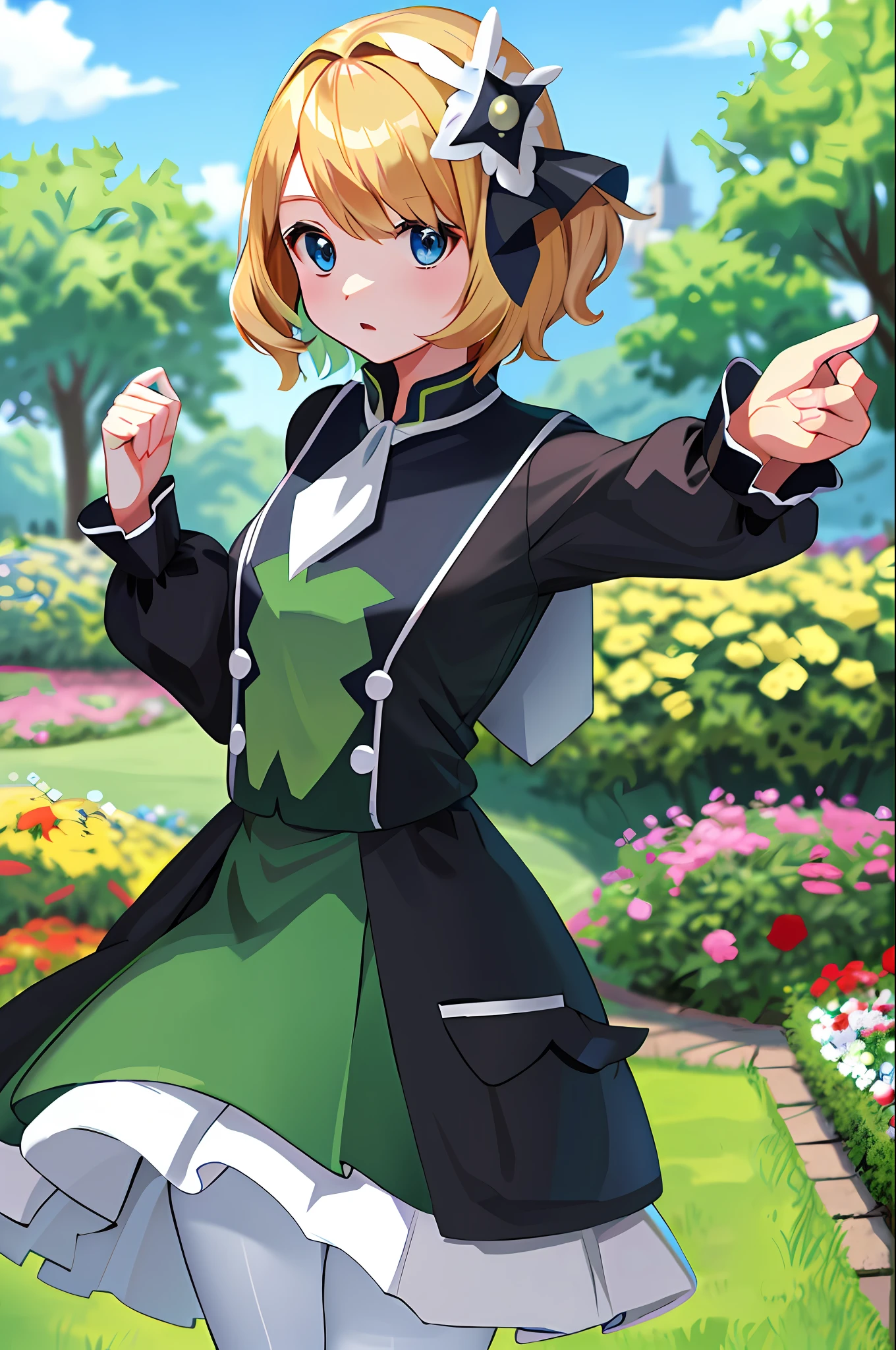 masterpiece, best quality, highres, serena \(pokemon\), short hair, blue eyes, 1girl, solo, white pantyhose, hair ornament, long sleeves, blue eyes, bangs, ribbon, multicolored_dress, black dress, green dress, hair ribbon, white ascot, black ribbon, town, garden, stading,