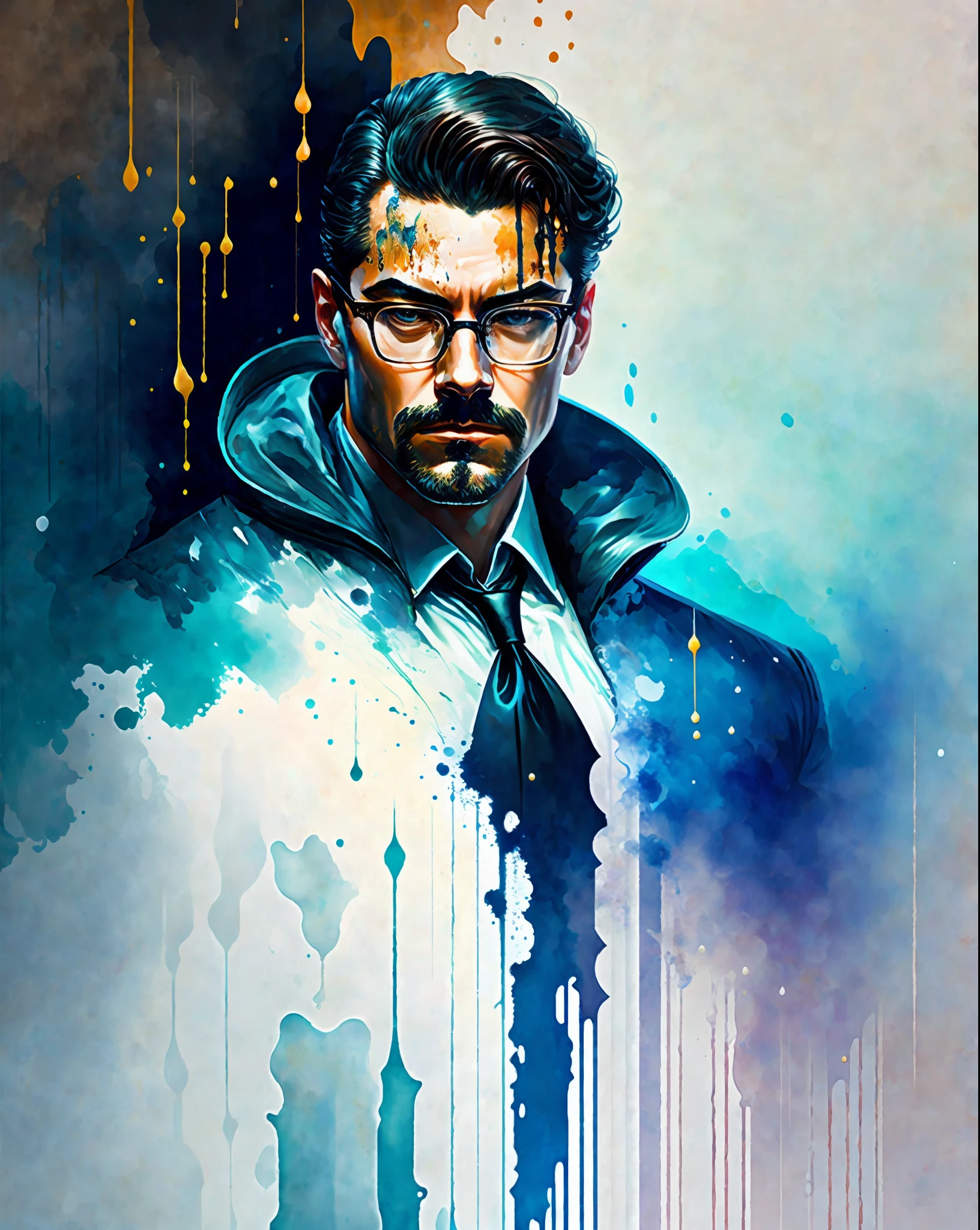 Detective man using an over all enigmatic, character rendering, model of the highest quality, ethereal background, abstract beauty, explosive volume, oil painting, heavy brushstrokes, drips of paint