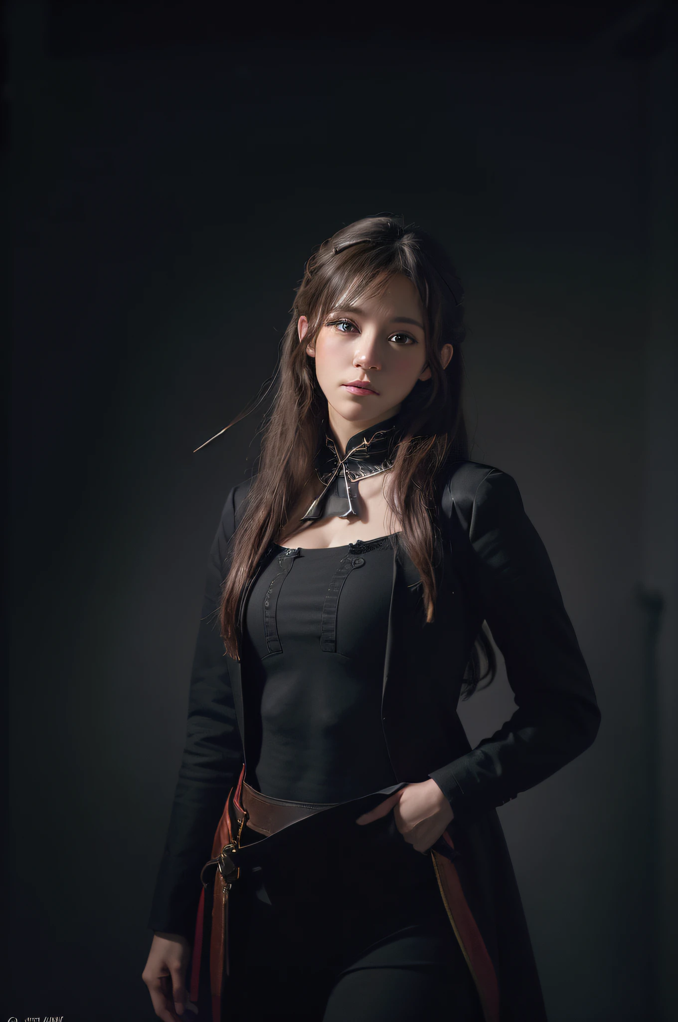 (front focus),(in the dark:1.6), Hyperrealist portrait of female by david hockney and alphonse mucha,fantasy art, photo realistic, dynamic lighting, artstation, poster, volumetric lighting, very detailed faces, 4 k, award winning,, 1girl, in the dark, deep shadow, low key,cowboy shot,(official clothing:1.4) ,long hair,white hair,