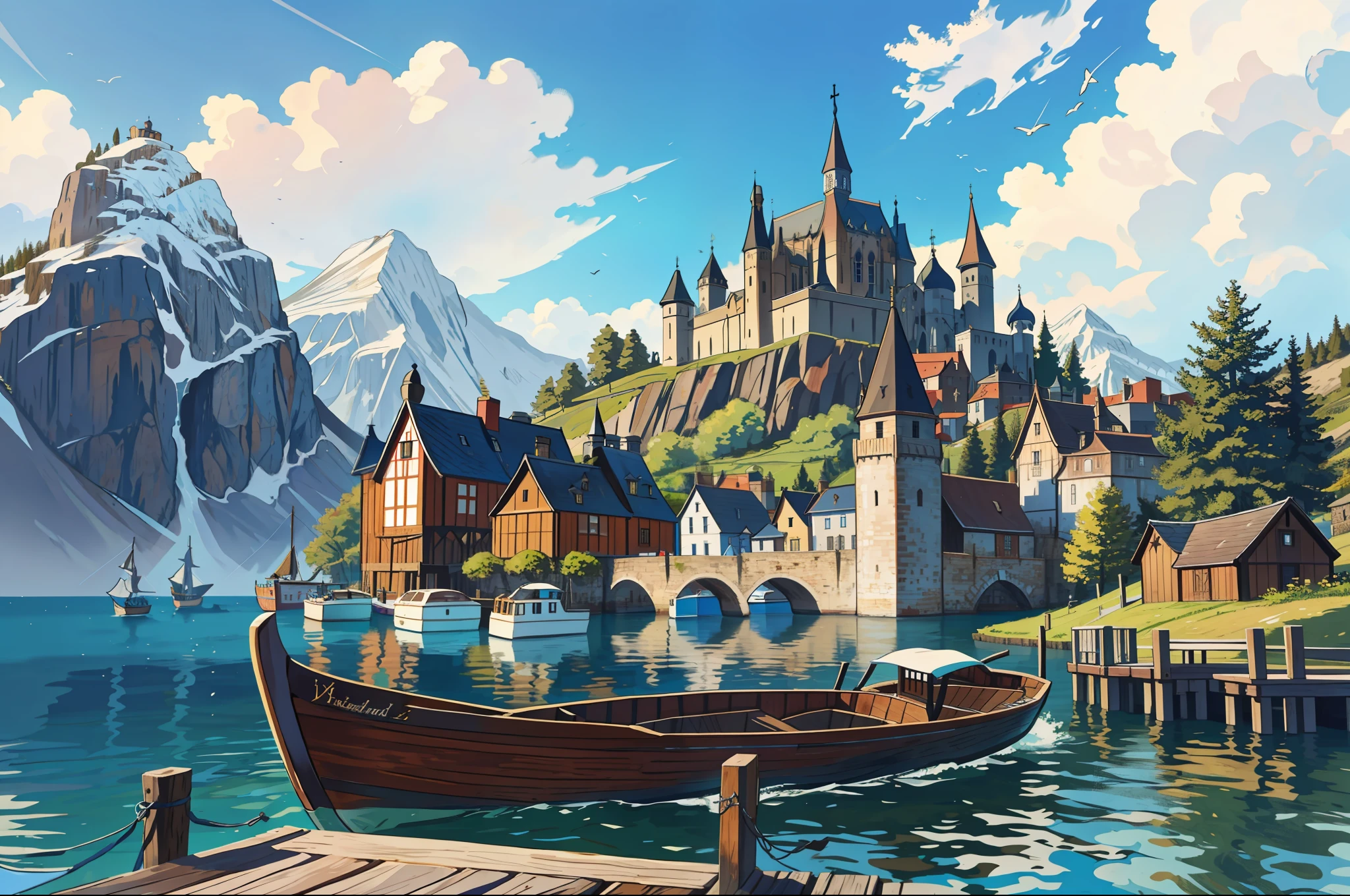 Masterpiece, Extreme, Dock, (High Fantasy, Medieval: 1.4), Feudal Society, Lake Town, Waterfront, Wooden Boat --v6
