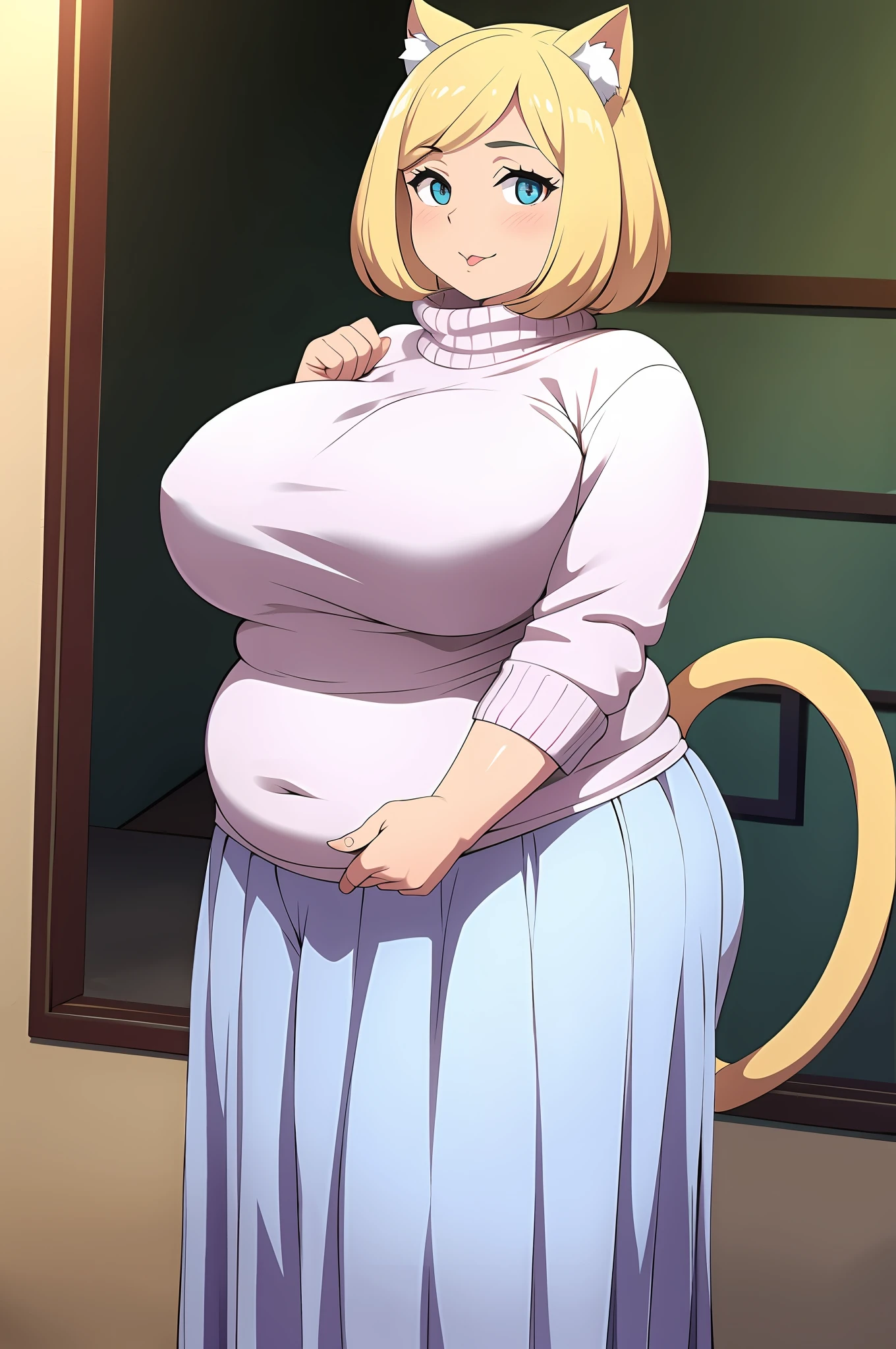 1girl, milf, looking at viewer, plump, tummy showing, cute, big breasts, adorable, sweater, anime, long skirt, cat ears, cat tail, blep