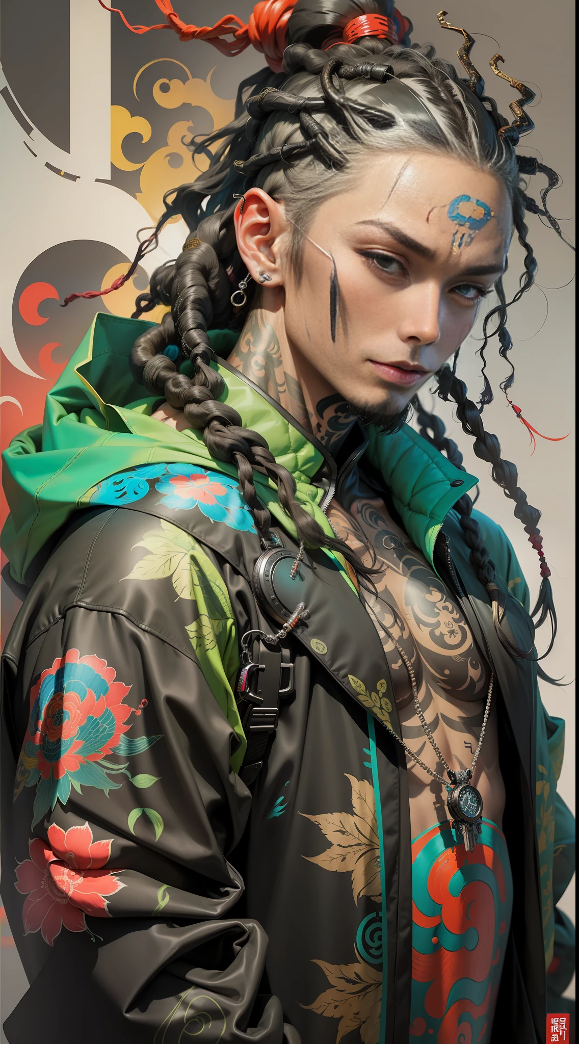wuxia,1rapper with tattoos,dread hair,puffer jacket,super colorful,luminous colorization,illustration