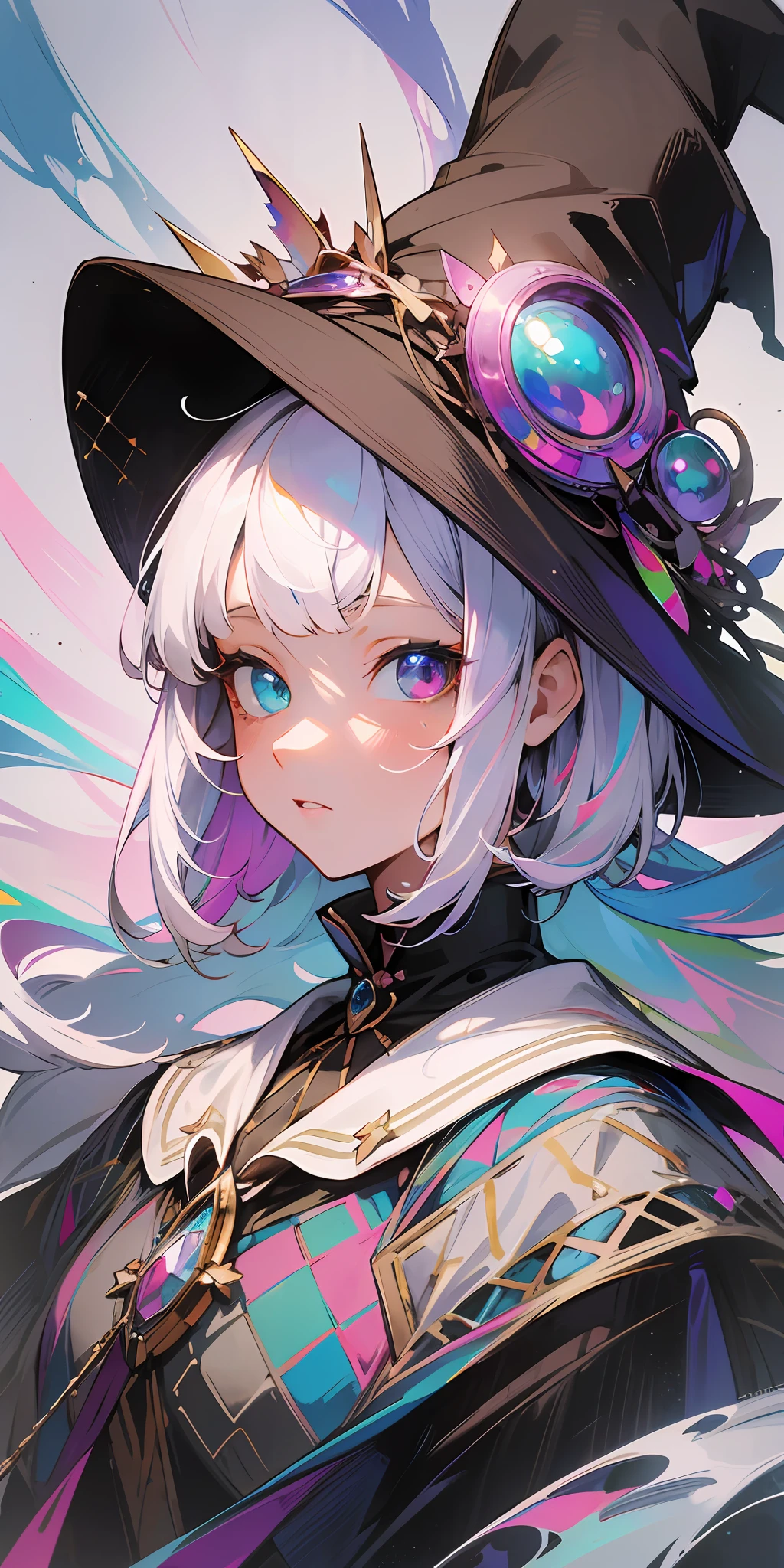 (masterpiece), (work of art), (amazing work), (detailed eyes), (delicate skin), (heterochromatic eyes:1.333)0.4], (multicolored, different, heterochromatic:1.122)0.4], highlighting her multicolored eyes, different, (short white hair with bangs), (sparkling eyes), (1girl) with witch's hat, old, old, wearing extravagant medieval clothes, masterpiece, best quality, best desinger, best illustration