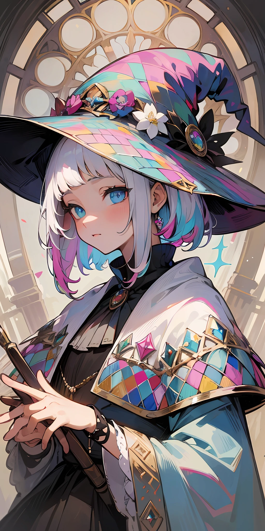 (masterpiece), (work of art), (amazing work), (detailed eyes), (delicate skin), (heterochromatic eyes:1.333)0.4], (multicolored, different, heterochromatic:1.122)0.4], highlighting her multicolored eyes, different, (short white hair with bangs), (sparkling eyes), (1girl) with witch's hat, old, old, wearing extravagant medieval clothes, masterpiece, best quality, best desinger, best illustration