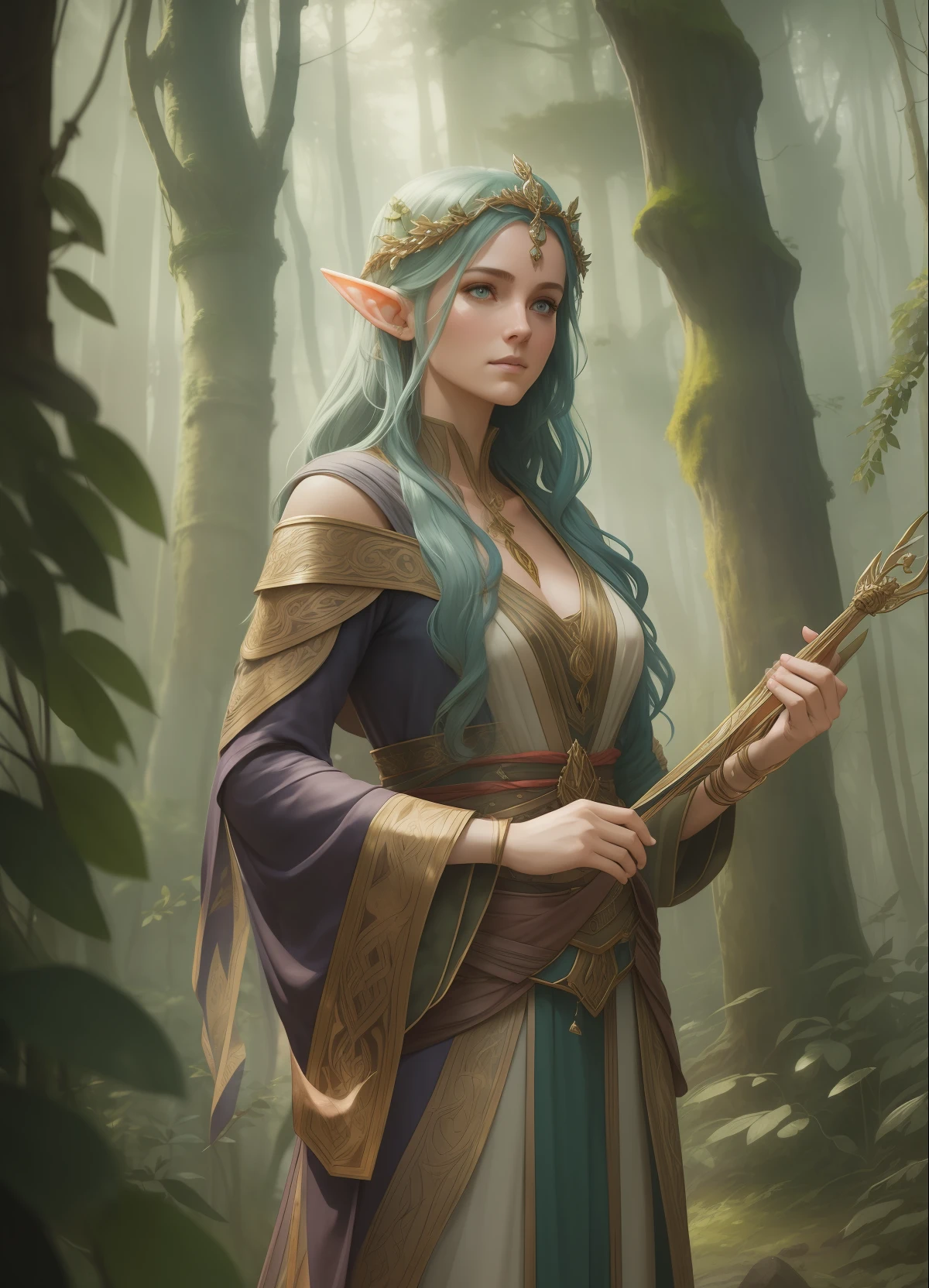 beautiful elf rpg character standing in the forest, light hair, line art watercolor wash, very lit forest background, abstract beauty, approaching perfection, pure form, golden ratio, concept art, by Brian Froud and Carne Griffiths and Wadim Kashin and John William Waterhouse, intricate details, 8k post production, high resolution, hyperdetailed, trending on artstation, sharp focus, studio photo, intricate details, highly detailed, by greg rutkowski