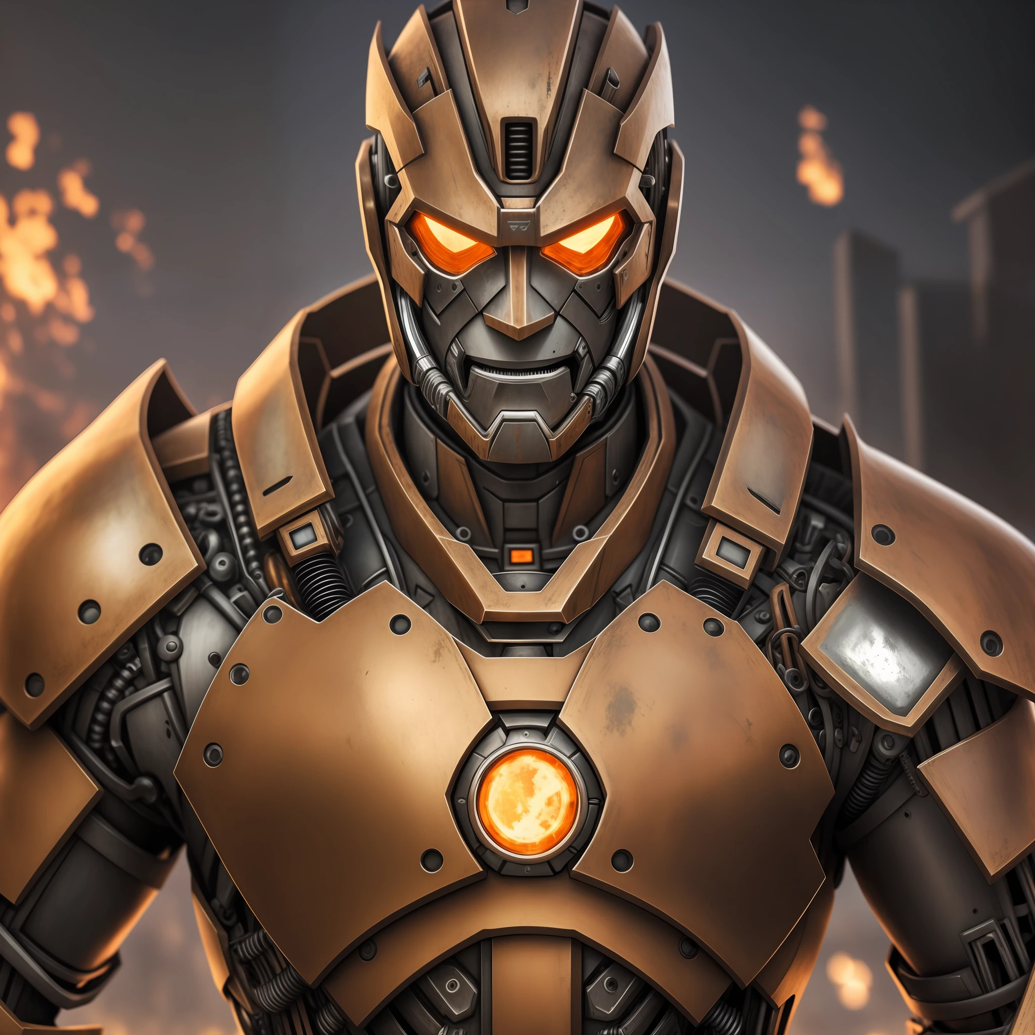 a mechanical cyborg man warrior, partially rusted armor, scorching heat, future, [[[[closeup]]]], [[[[face]]], [[[[neck]]], [[[[shoulders]]], perfect eyes, strong front light, brightness, HDR, vibrant colors --auto --s2