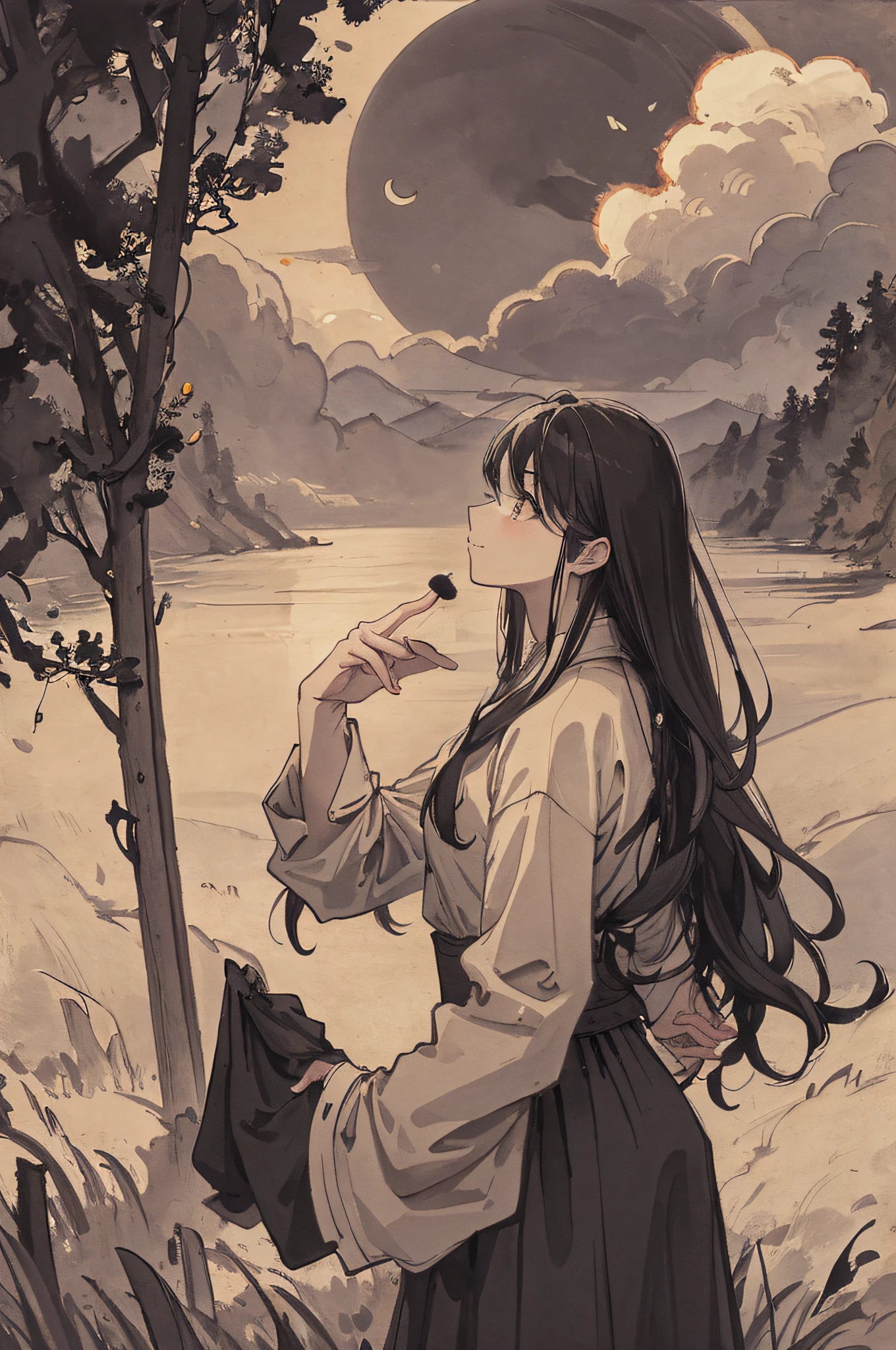 Masterpiece, best quality, night, hills, clouds, full moon, long hair, woman, silhouette, firefly.