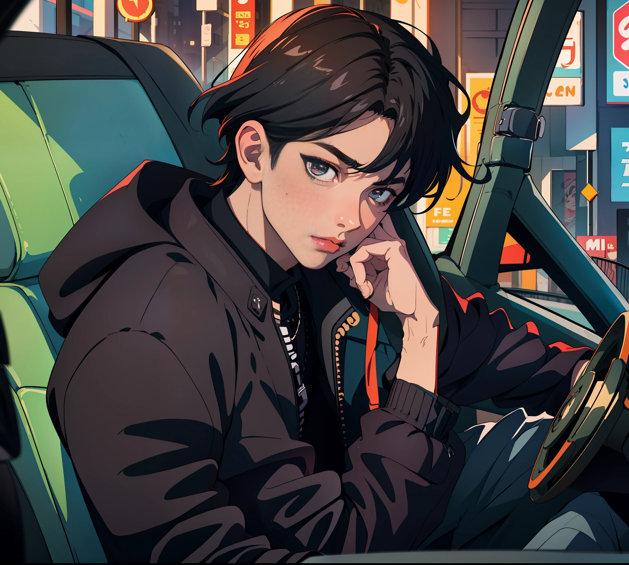 arafed man in a car with a black jacket and a cell phone, male ulzzang, jinyoung shin, jinyoung shin aesthetic, 1 7 - year - old boy thin face, kim doyoung, wearing all black mempo mask, ulzzang, jungkook, boy has short black hair, cai xukun, kanliu666