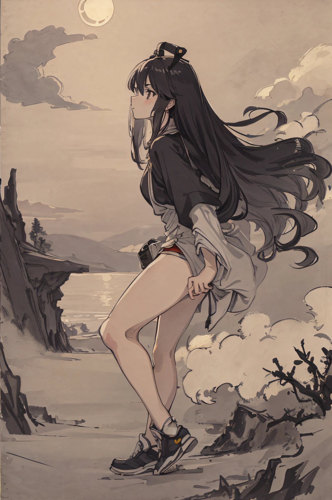 Masterpiece, best quality, night, hills, clouds, full moon, long hair, woman, silhouette, firefly.