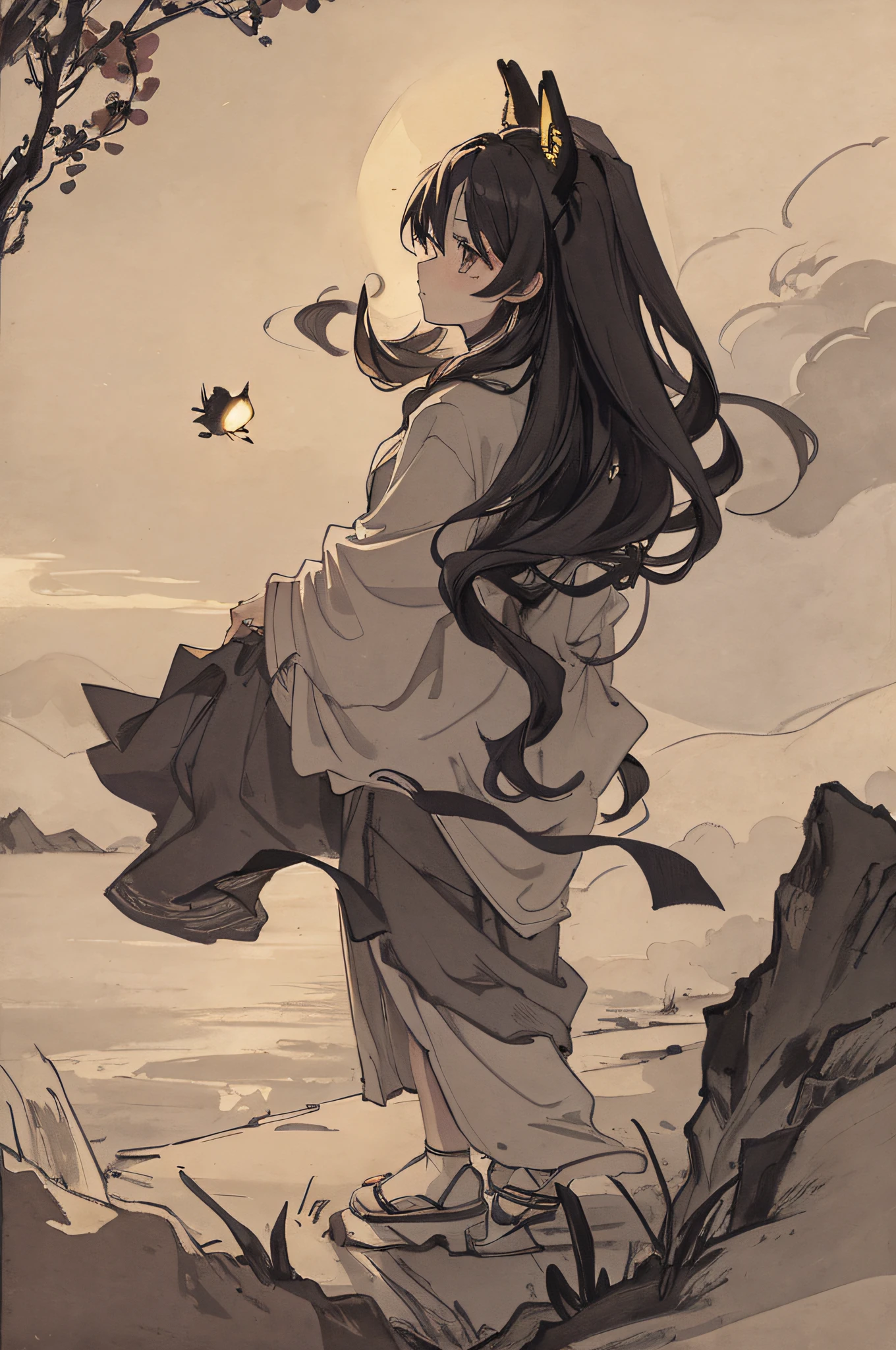 Masterpiece, best quality, night, hills, clouds, full moon, long hair, woman, silhouette, firefly.