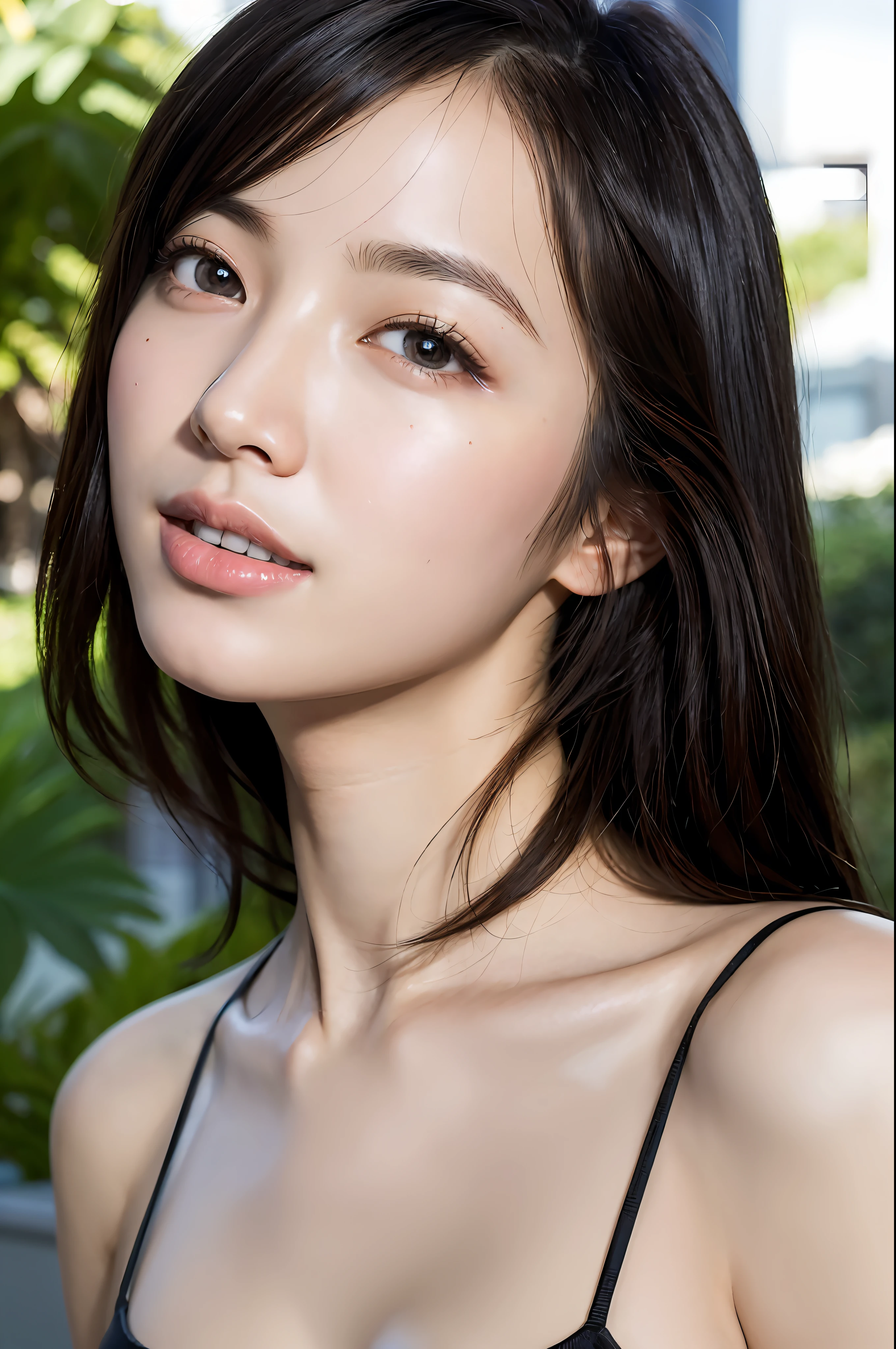 (8k, RAW Photo, Best Quality, Masterpiece:1.2), Ultra Detail, Super Resolution, (Realistic, Realistic Photo:1.37), Portrait, High Detail RAW Color Photo, Professional Photo, Extremely Detailed and Beautiful, Extremely detailed, 8k wallpaper, amazing and detailed, huge file size, official art, highly detailed CG unity 8k wallpaper, highly detailed beautiful girl, highly detailed face, highly detailed eyes, highly detailed skin, highly detailed fingers, highly detailed nose, very detailed detailed mouth , perfect anatomy, highly detailed background, highly detailed clothes, 1girl, (20:1.2), 20s, cute girl, realistic body, petite, fair skin, glowing skin , slim body, handsome body, (huge breasts), black hair, long hair, (blunt bangs:1.2), smile, cute, youthful, cute face, realistic face, delicate eyes, drooping eyes, (Erotic, Bikini, Triangle bikini, String bikini,), (ハイレグ, Tバック), cowboy shot, facing front, standing posture, Contraposto, dynamic lighting, cowboy shot