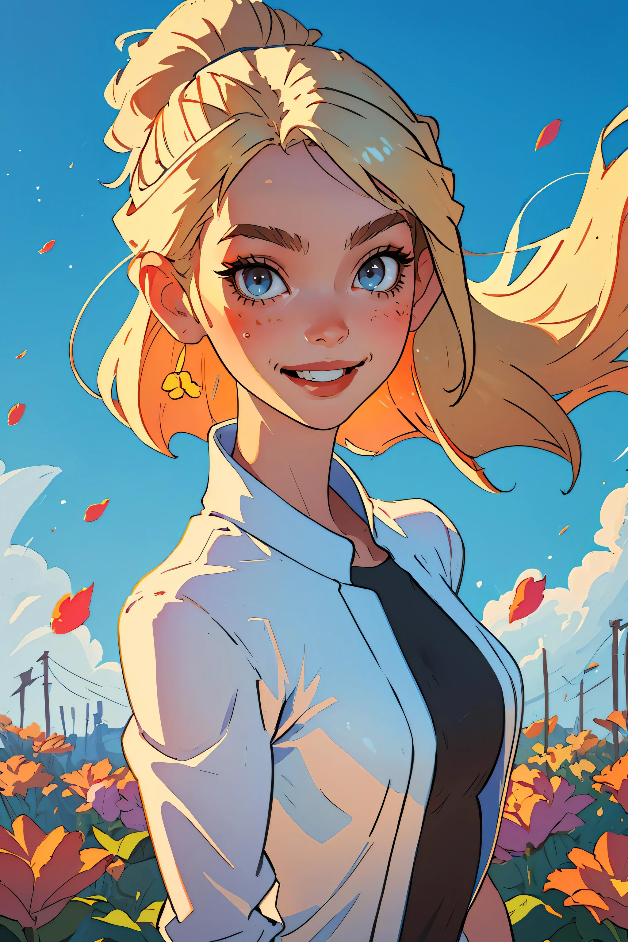 (best quality, masterpiece:1.3), 1girl, pose, particle, wind, flower, upper body, looking at viewer, focus on face, blonde, smile,
