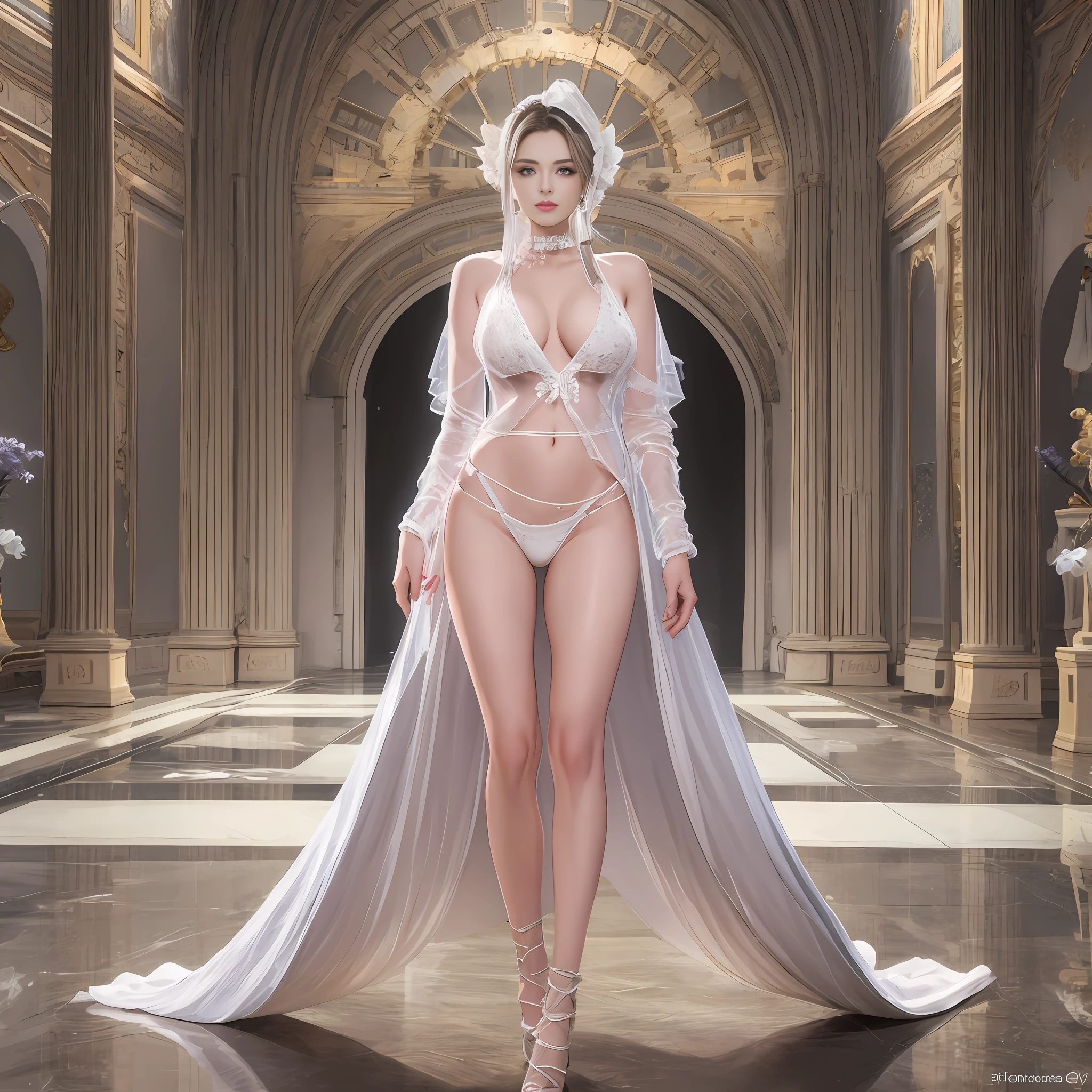 Great masterpiece, epic CG work, fashion model 25 years old [[[[full body]]], [[[[chest], [[neck], [shoulder]]]]], perfect eyes, perfect iris, perfect lips, perfect teeth, perfect skin, soft front light, glowing light, HDR, (pastel color: 1.2), standing on the runway in white transparent sexy bikini, full body size, light and shadow following, ceramic smooth skin