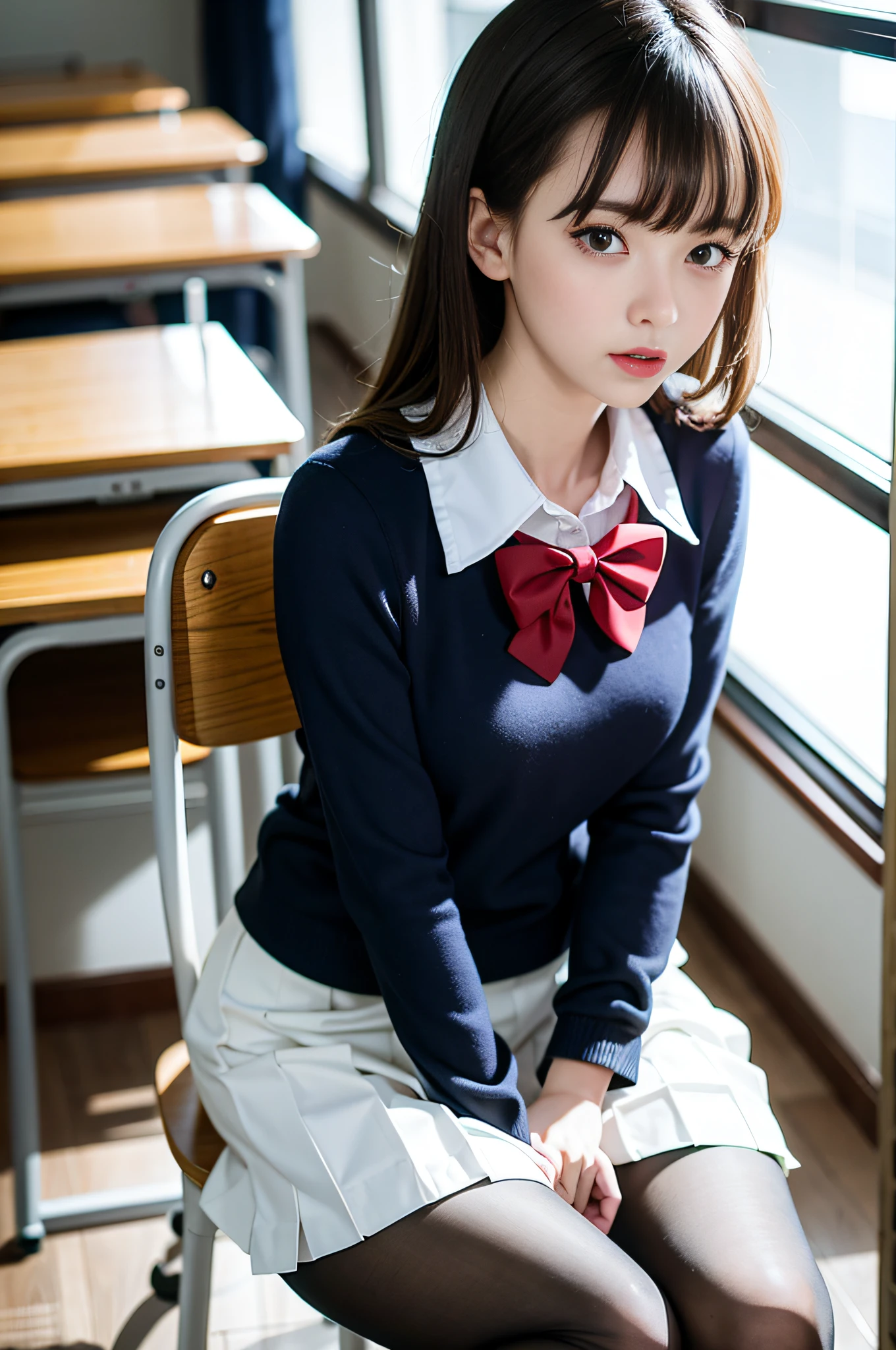 blur, depth of field, background blur, desk, desk, classroom, foreground blur, chair, chair, skirt, bow, 1girl, on_desk, solo, brunet, school uniform, ((white flesh pantyhose)), sitting_on_desk, indoor, school, black_legwear, curtains, short_hair, bow tie, chalkboard, sitting, shoes, shirt, red_bow, eye size consistency, double eyelids, long eyelashes