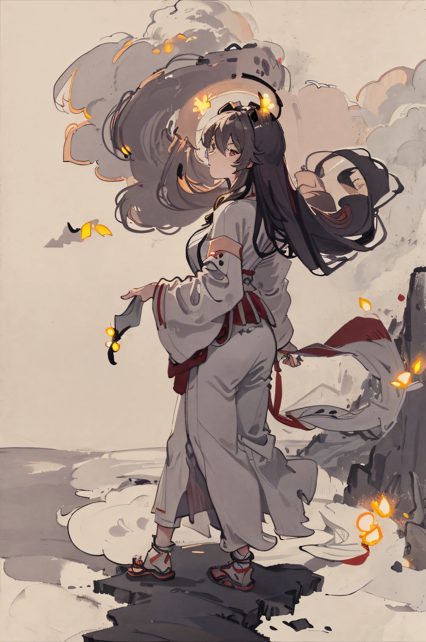Masterpiece, best quality, night, hills, clouds, full moon, long hair, woman, silhouette, fireflies.