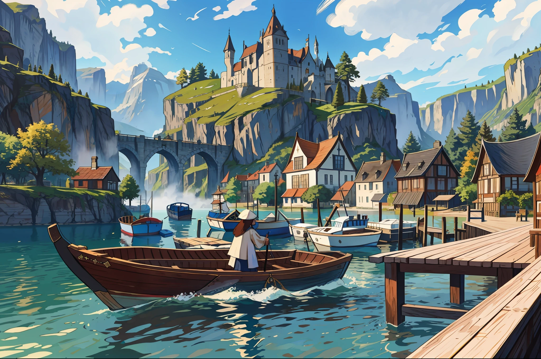 Masterpiece, Extreme, Dock, (High Fantasy, Medieval: 1.4), Feudal Society, Lake Town, Waterfront, Wooden Boat --v6