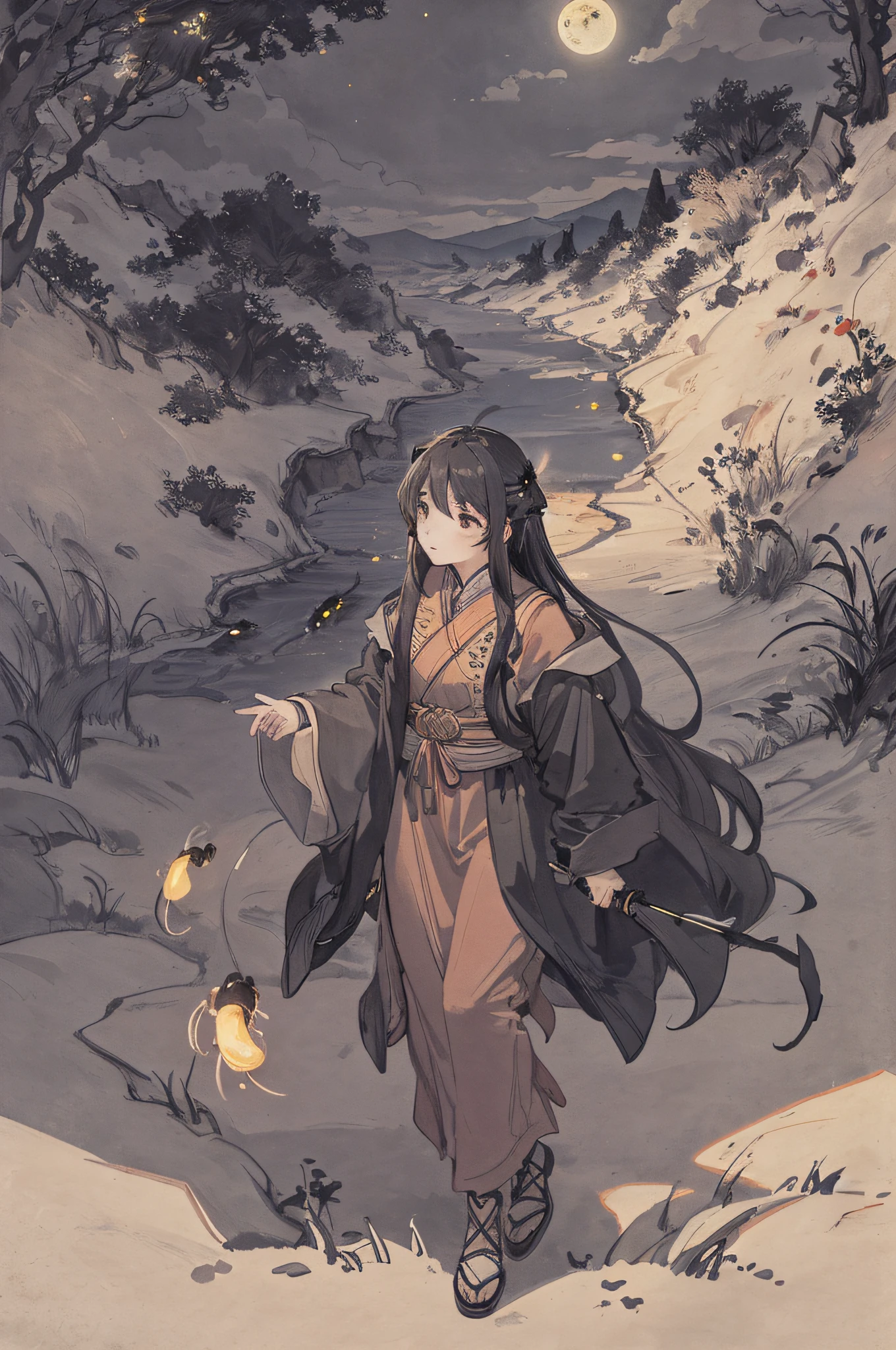Masterpiece, best quality, night, hills, clouds, full moon, long hair, woman, silhouette, fireflies.