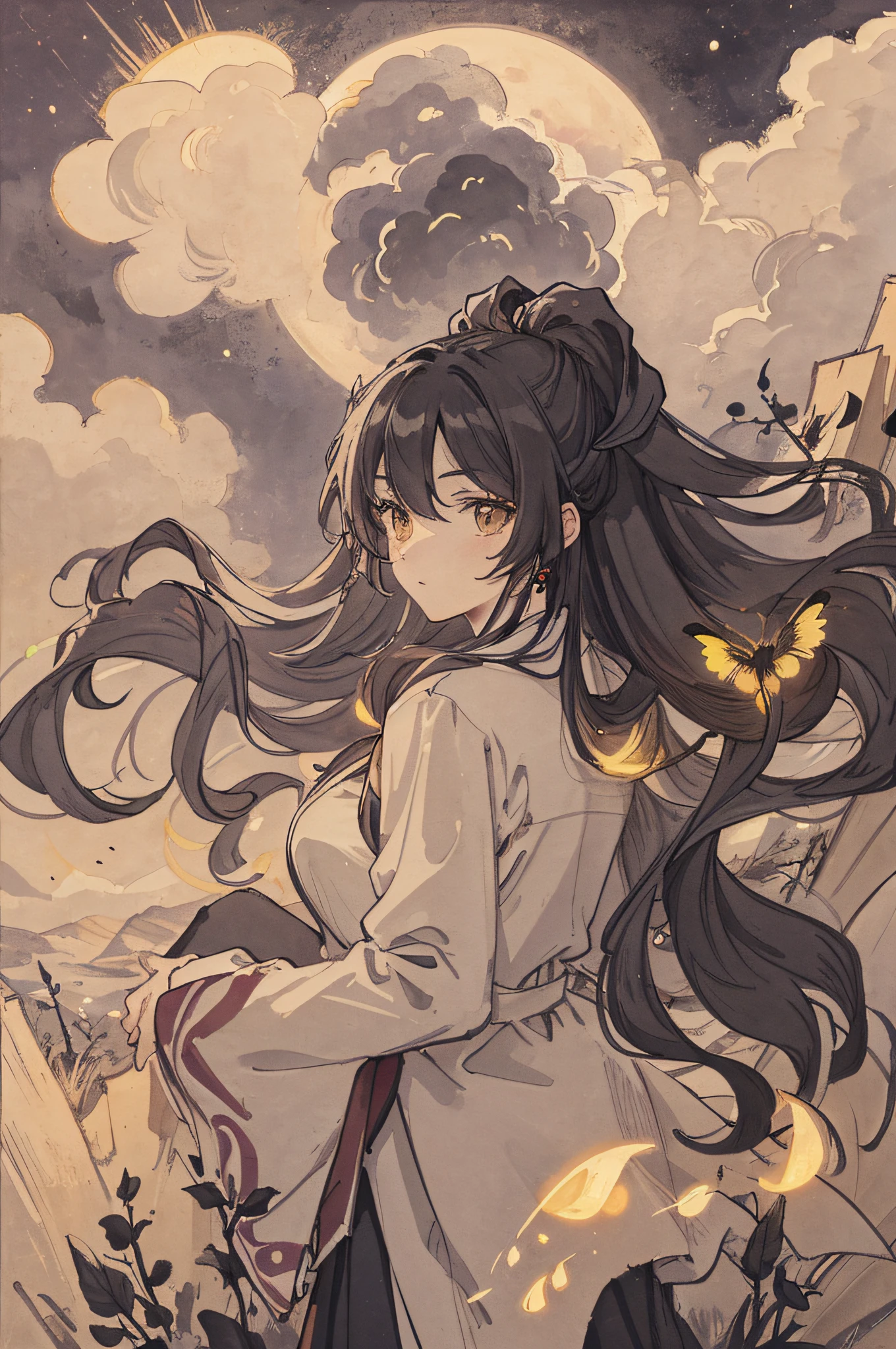Masterpiece, best quality, night, hills, clouds, full moon, long hair, woman, silhouette, fireflies.