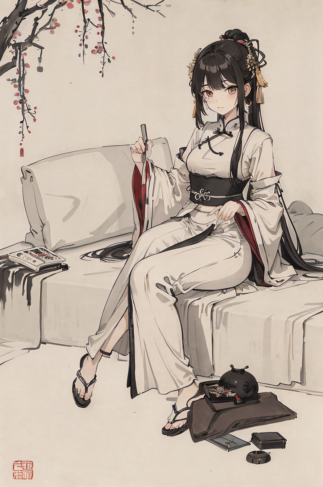 (masterpiece, best quality: 1.2), traditional Chinese ink painting, A cute 18 year old female with medium  breasts, Oversized dress :1.2, Couch, Ultra-detailed face, Detailed eyes, Double eyelid, sfw , long dress