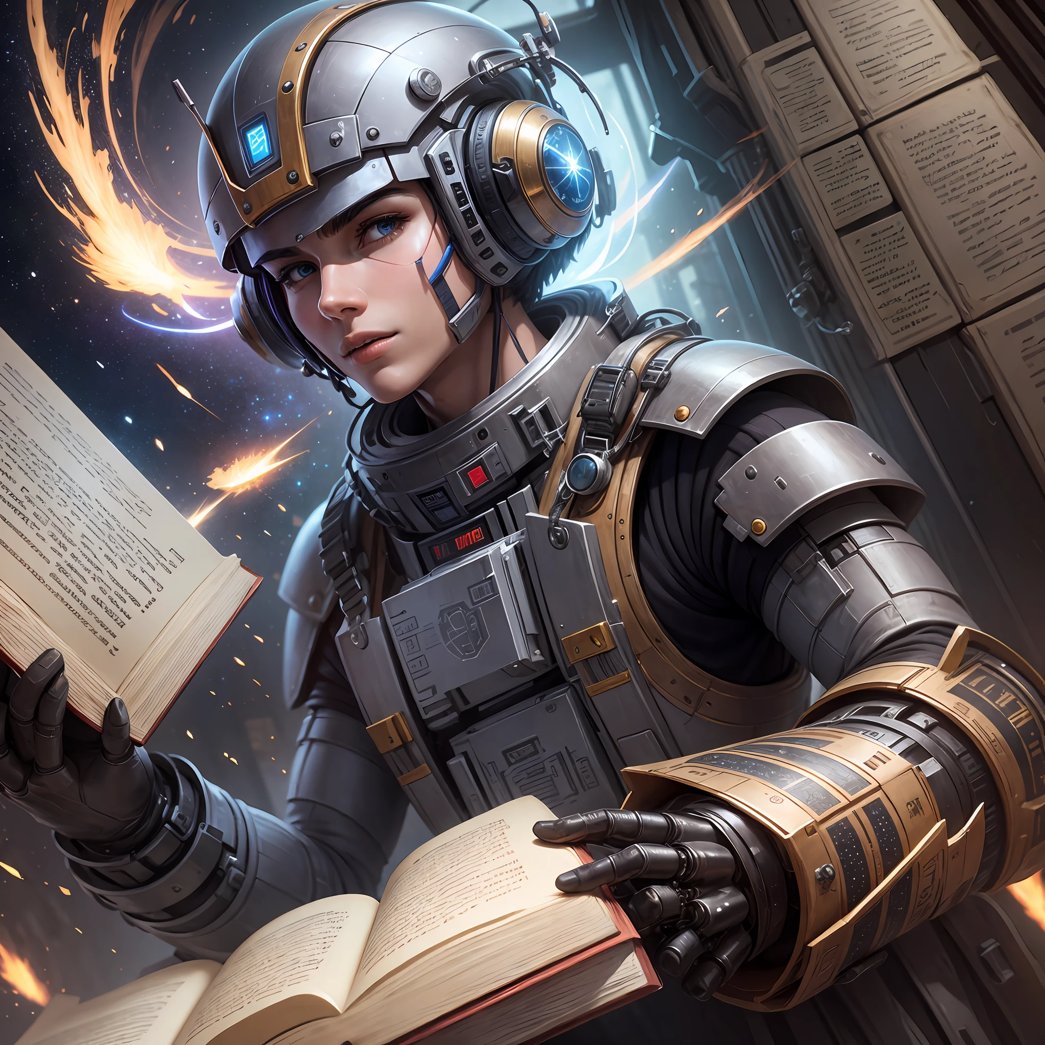 Half-human robot reading ancient book flying through the galaxy