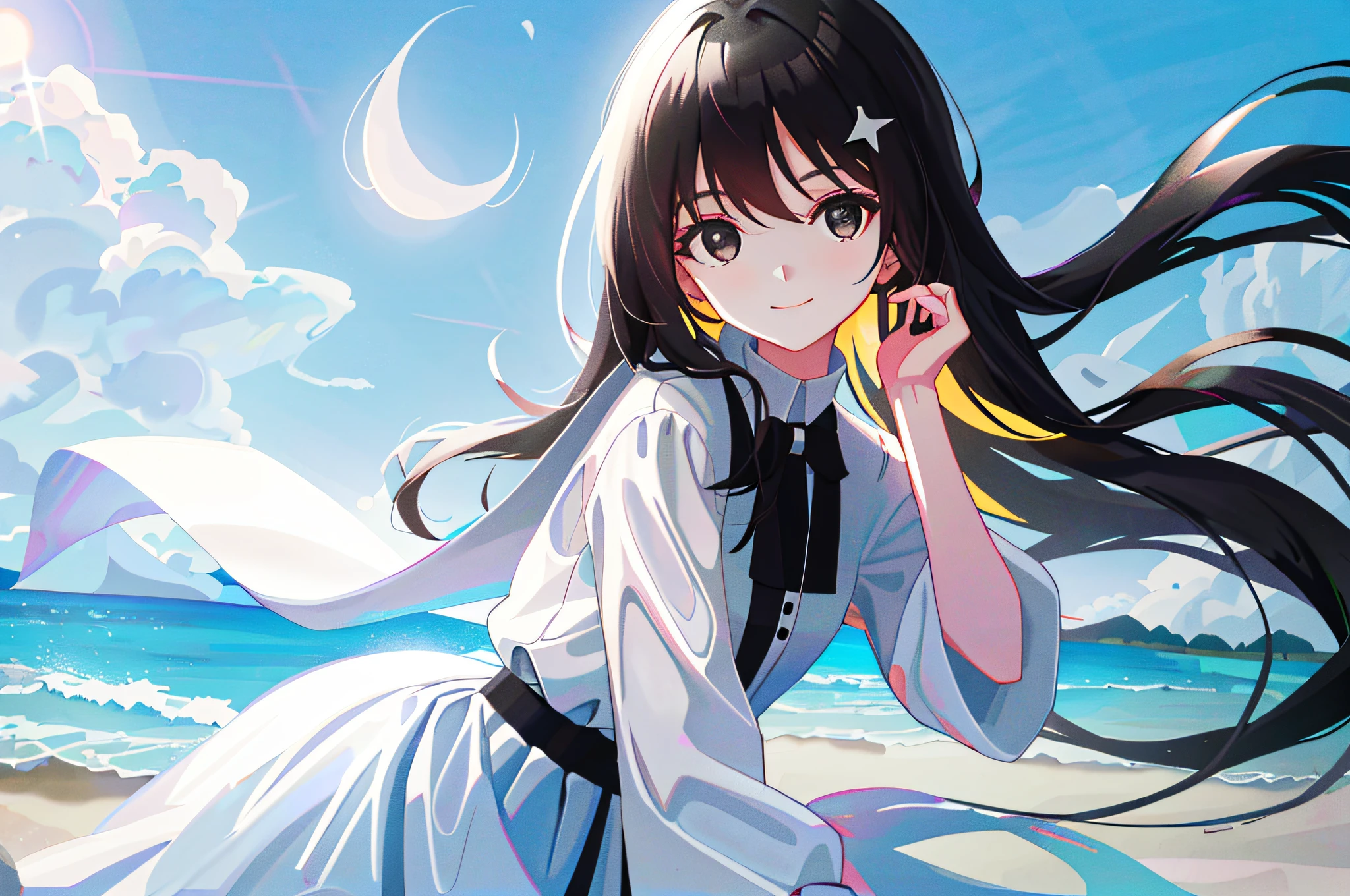 1girl, black vs white, light comparison, black hair, white dress, slight smile, black eyes, beautiful detailed sky, sun falling, beside the beach, looking at viewer,