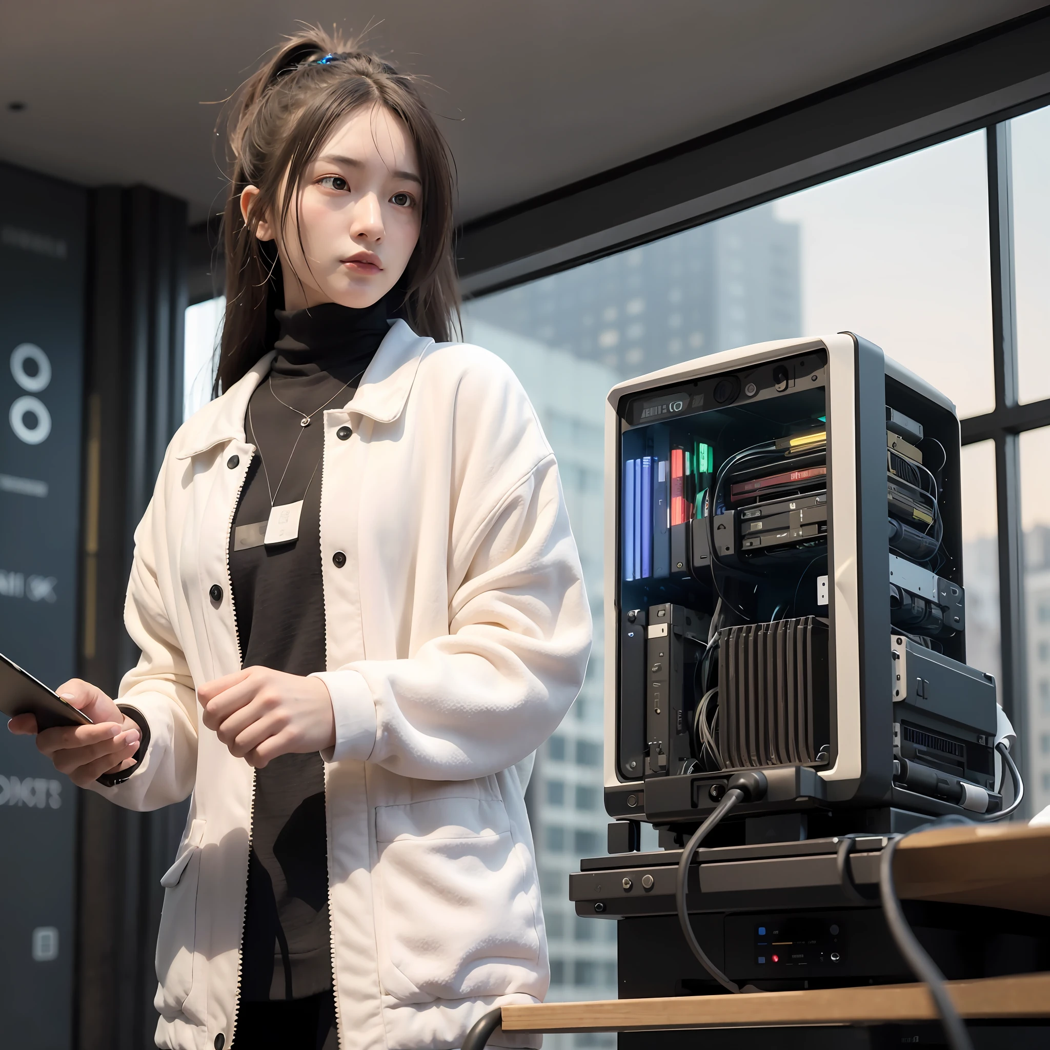 ((Best quality)), ((masterpiece)), (highly detailed:1.3), 3D, beautiful (cyberpunk:1.3) female hacker with thick voluminous hair operating a computer terminal, computer servers, LCD screens, fibre optic cables, corporate logos,HDR (High Dynamic Range),Ray Tracing,NVIDIA RTX,Super-Resolution,Unreal 5,Subsurface scattering,PBR Texturing,Post-processing,Anisotropic Filtering,Depth-of-field,Maximum clarity and sharpness,Multi-layered textures,Albedo and Specular maps,Surface shading,Accurate simulation of light-material interaction,Perfect proportions,Octane Render,Two-tone lighting,Low ISO,White balance,Rule of thirds,Wide aperature,8K RAW,Efficient Sub-Pixel,sub-pixel convolution,luminescent particles,