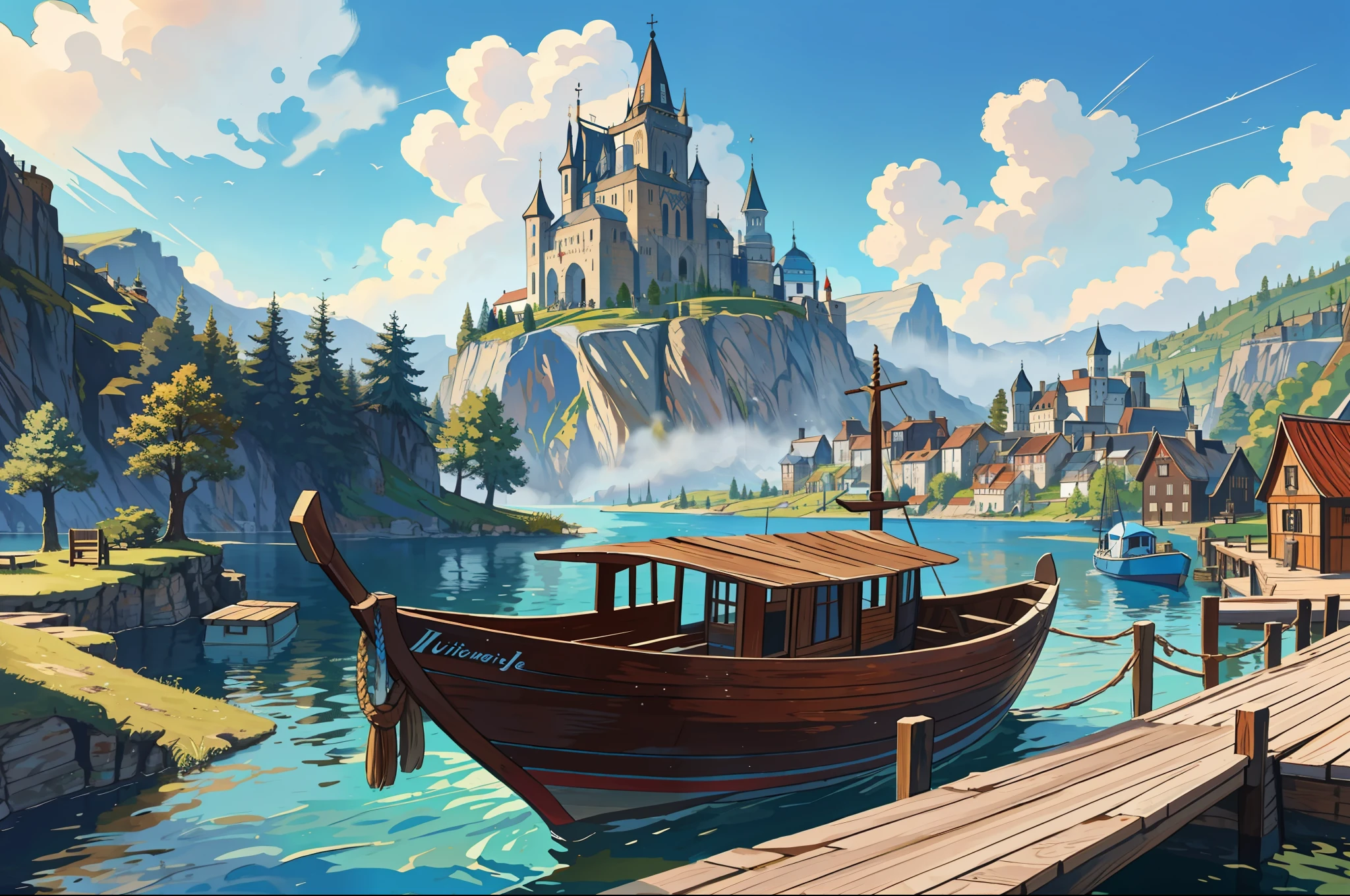 Masterpiece, Extreme, Dock, (High Fantasy, Medieval: 1.4), Feudal Society, Lake Town, Waterfront, Wooden Boat --v6