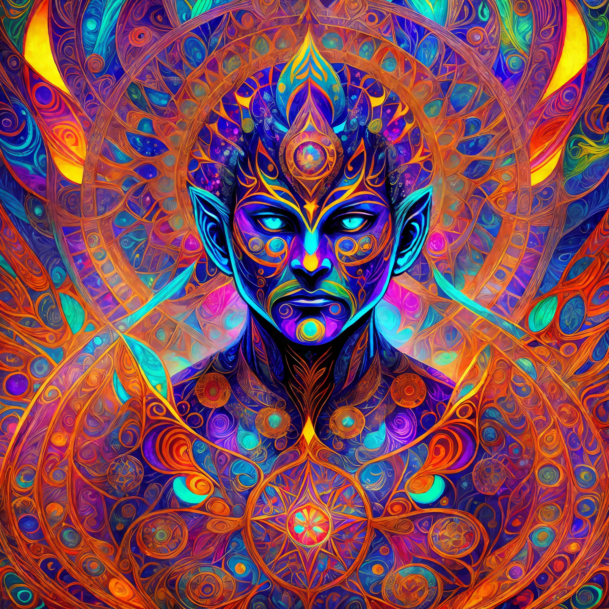 A stunning portrait of a psychedelic DMT deity, depicted as a superhero with vibrant colors and intricate details, brought to life in a fusion of fantasy art and photorealistic digital painting. The image captures the godlike figure in all its glory, with intricate patterns adorning its skin and psychedelic energy radiating from its body. The superhero's eyes glow with power as it emanates a sense of otherworldly wisdom and cosmic understanding. The art style is both majestic and awe-inspiring, transporting the viewer to a realm of pure imagination and wonder --auto --s2