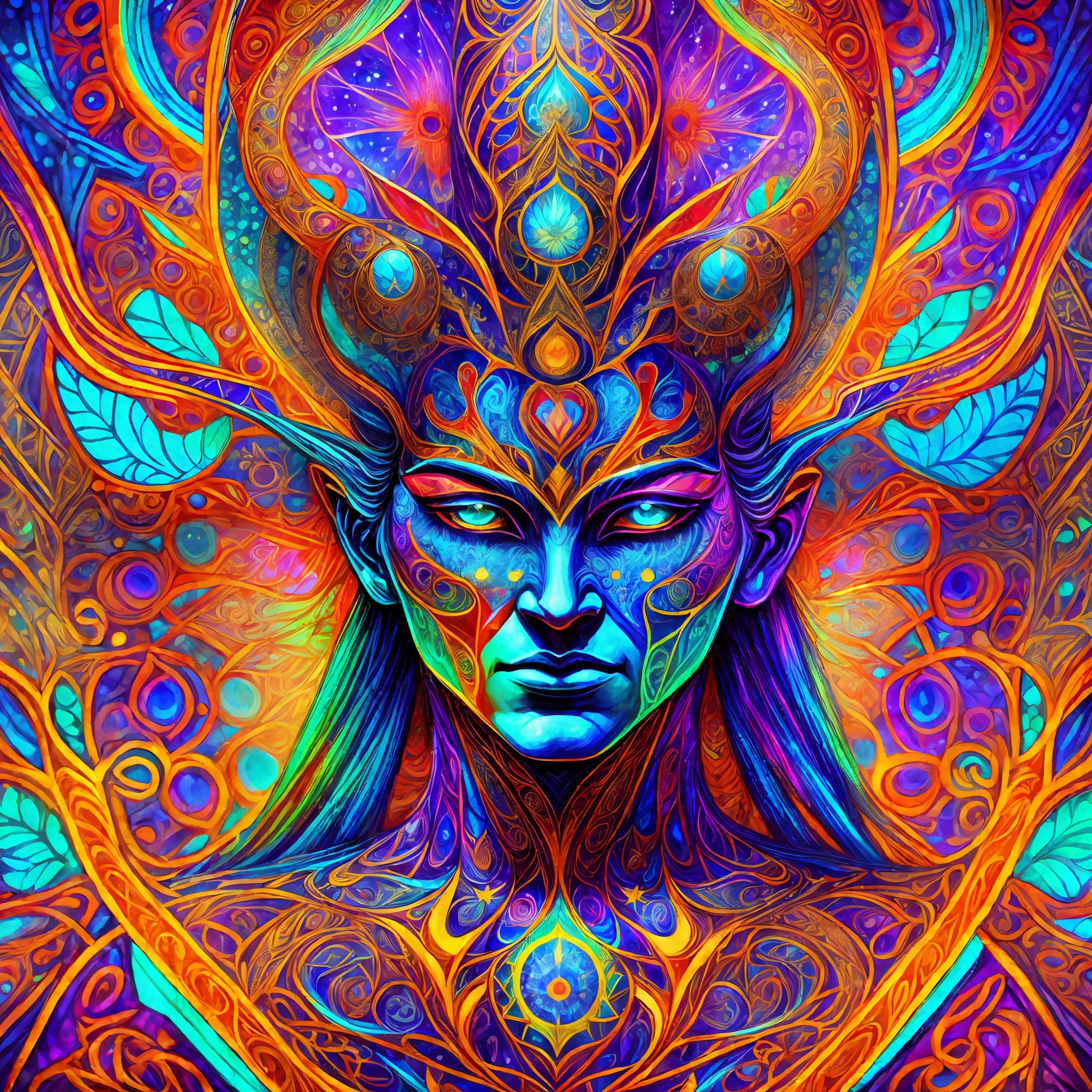 A stunning portrait of a psychedelic DMT deity, depicted as a superhero with vibrant colors and intricate details, brought to life in a fusion of fantasy art and photorealistic digital painting. The image captures the godlike figure in all its glory, with intricate patterns adorning its skin and psychedelic energy radiating from its body. The superhero's eyes glow with power as it emanates a sense of otherworldly wisdom and cosmic understanding. The art style is both majestic and awe-inspiring, transporting the viewer to a realm of pure imagination and wonder --auto --s2