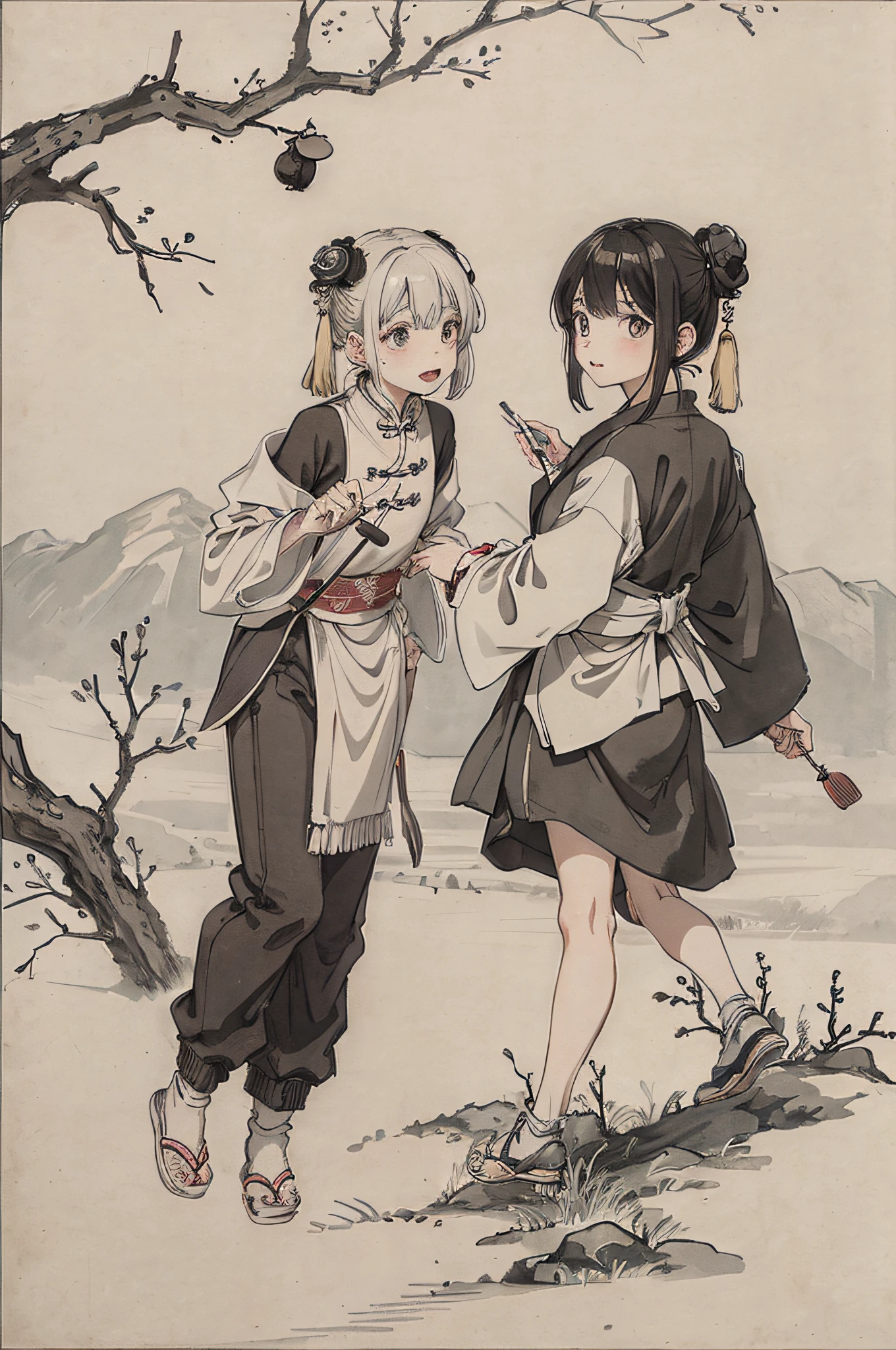 (masterpiece, best quality: 1.2), traditional Chinese ink painting, two children