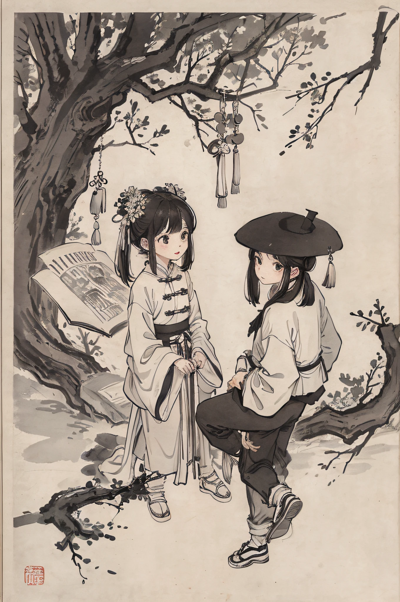 (masterpiece, best quality: 1.2), traditional Chinese ink painting, two children