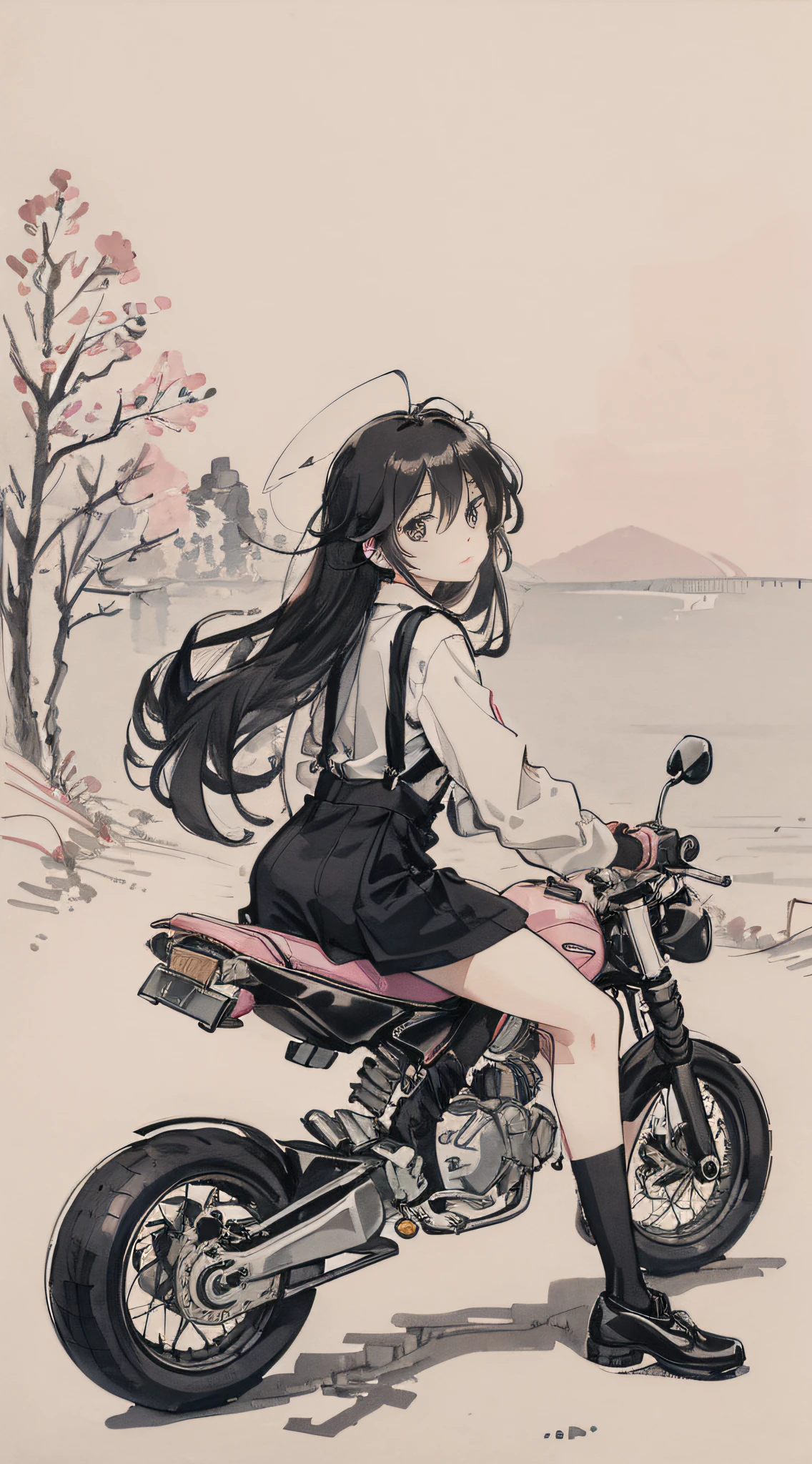 Girl riding pink motorcycle, ball head, flowing hair, back to me, holding mobile phone in hand, cute, funny, suspenders, road background, vehicle, spoof, streamer, black hair, black cloth shoes, ink, landscape, HD